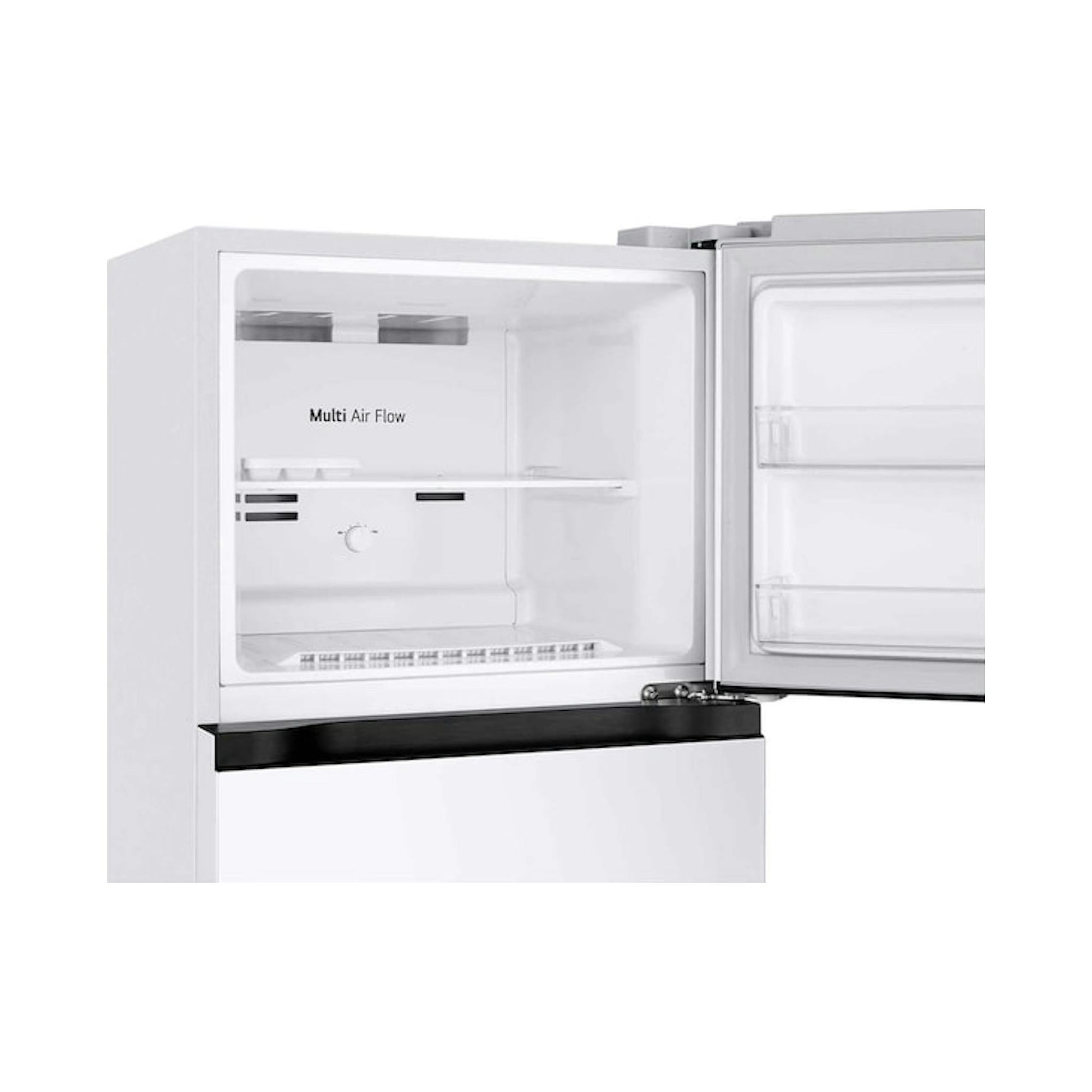 Frigorífico LG GTBV20SWZJD blanco de dos puertas, con la puerta derecha abierta y el interior visible.