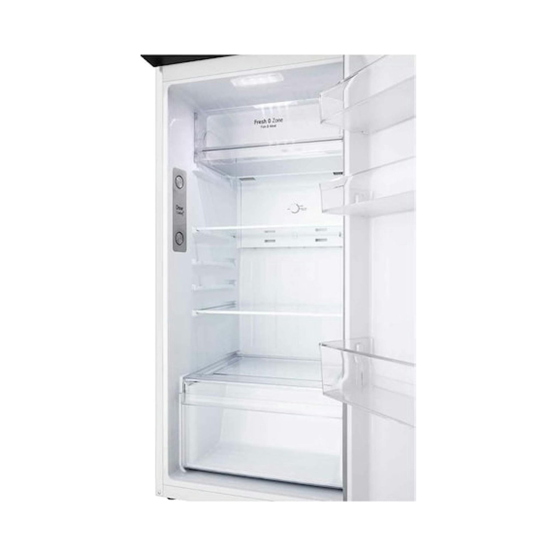 Interior de frigorífico LG GTBV20SWZJD blanco, con la puerta abierta y estantes visibles.