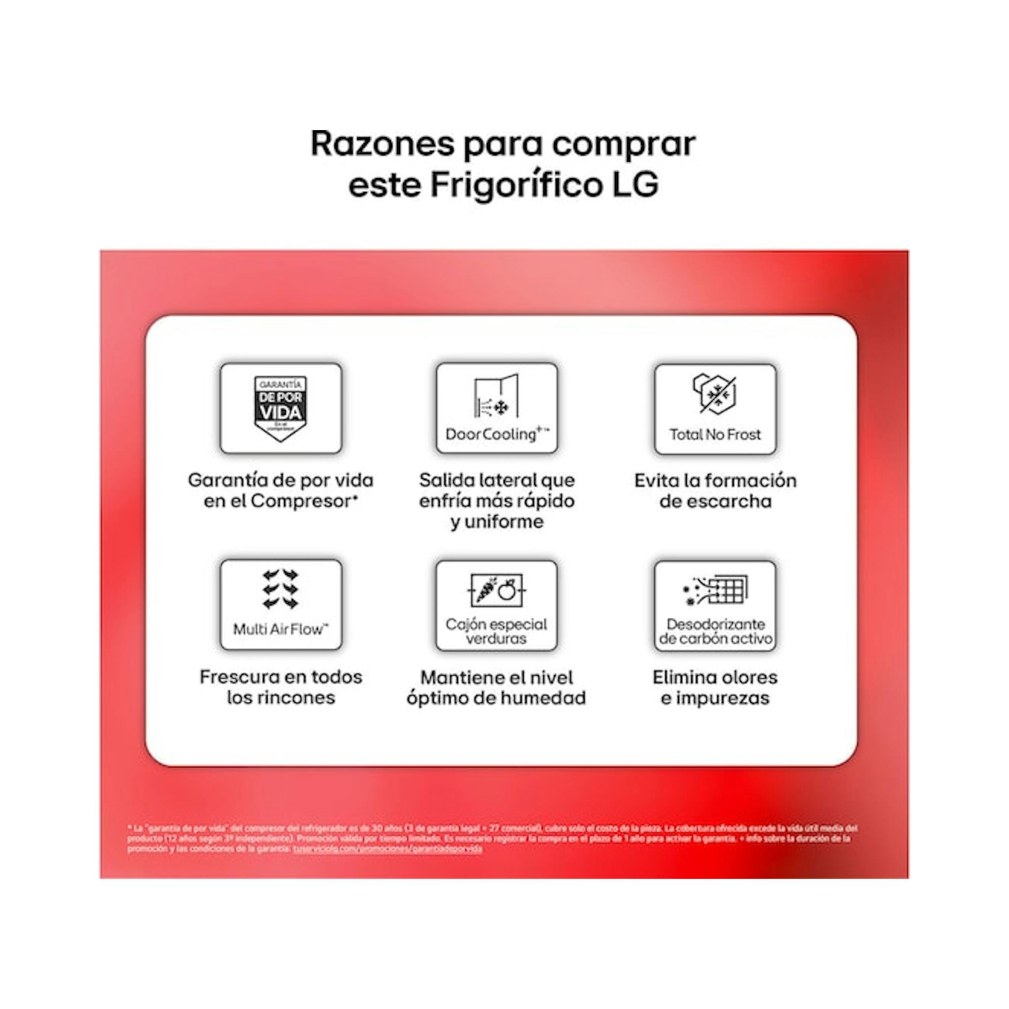 Infografía del frigorífico LG GTBV20SWZJD con iconos y texto sobre fondo blanco y rojo