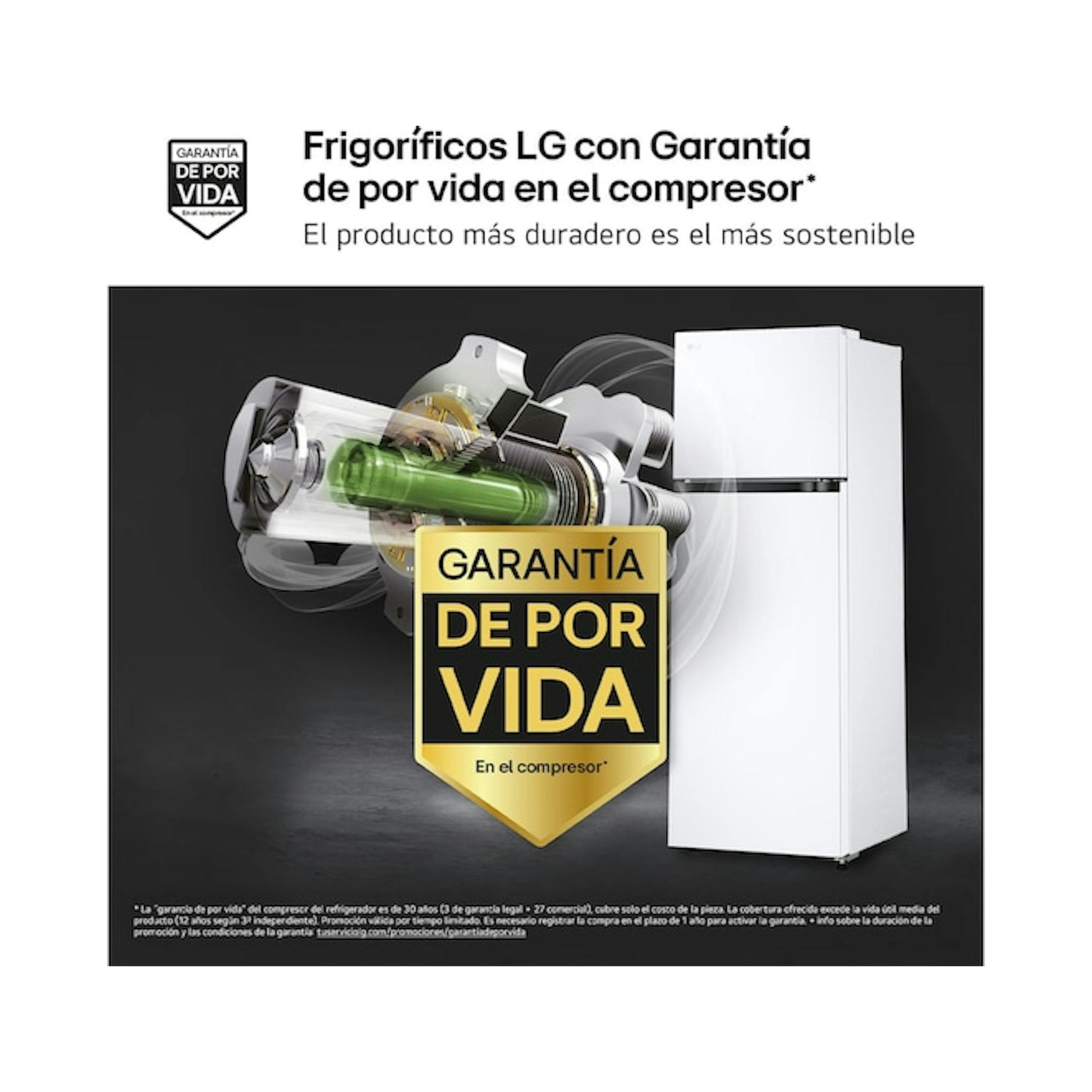 Frigorífico LG GTBV20SWZJD blanco, vista frontal de dos puertas, con gráfica promocional de garantía.