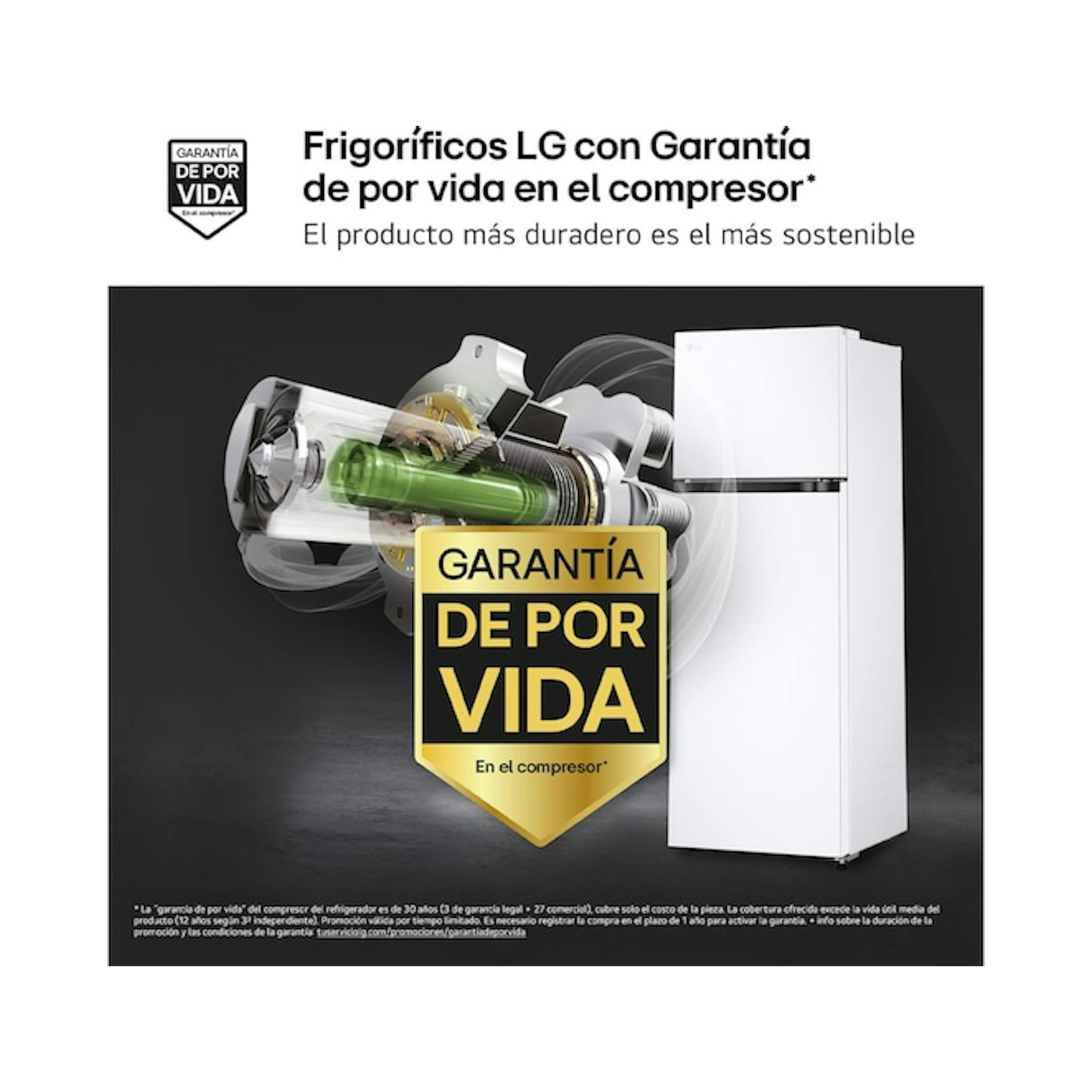 Frigorífico LG GTBV20SWZJD blanco, vista frontal de dos puertas, con gráfica promocional de garantía.