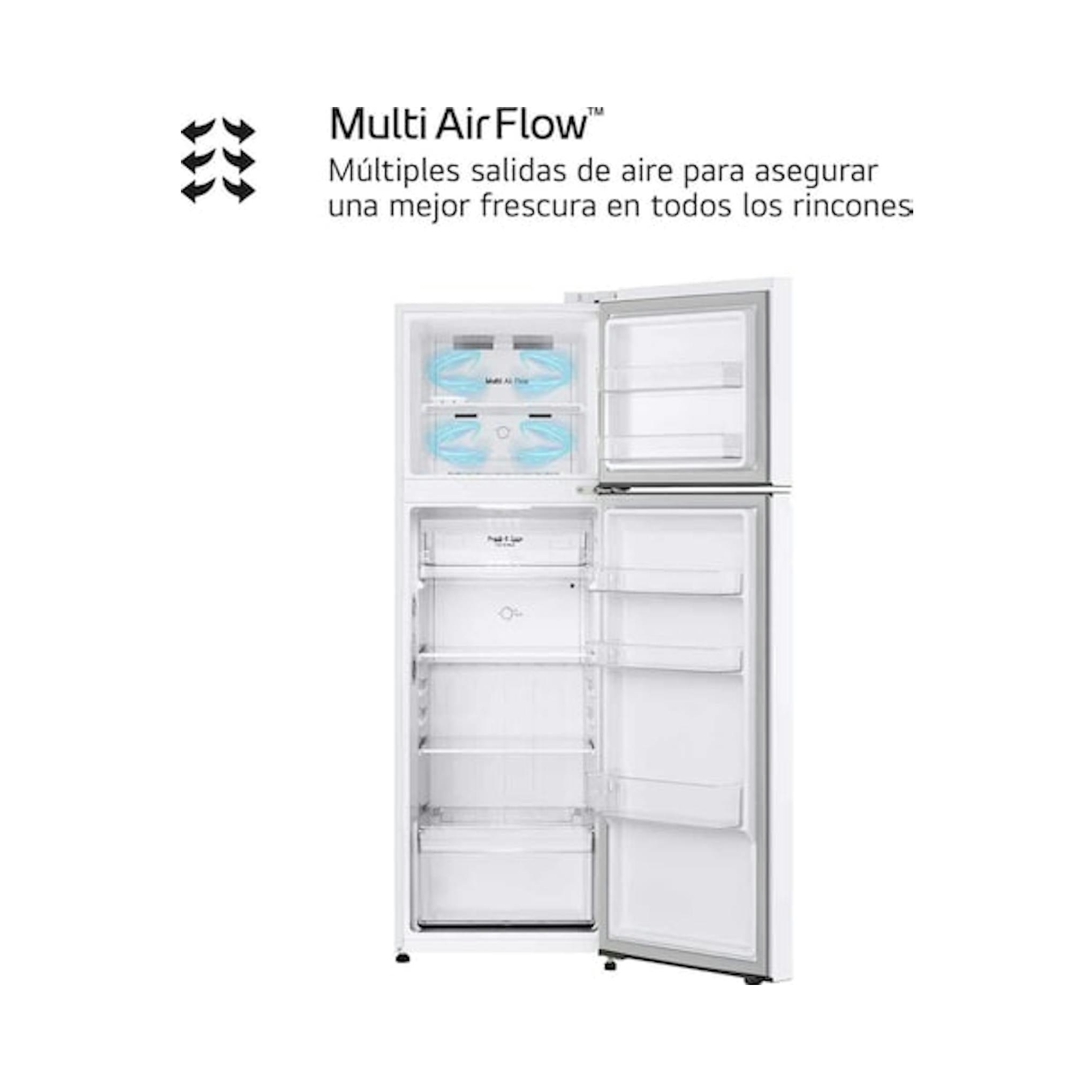 Frigorífico LG GTBV20SWZJD blanco de dos puertas, con puertas abiertas, vista frontal.