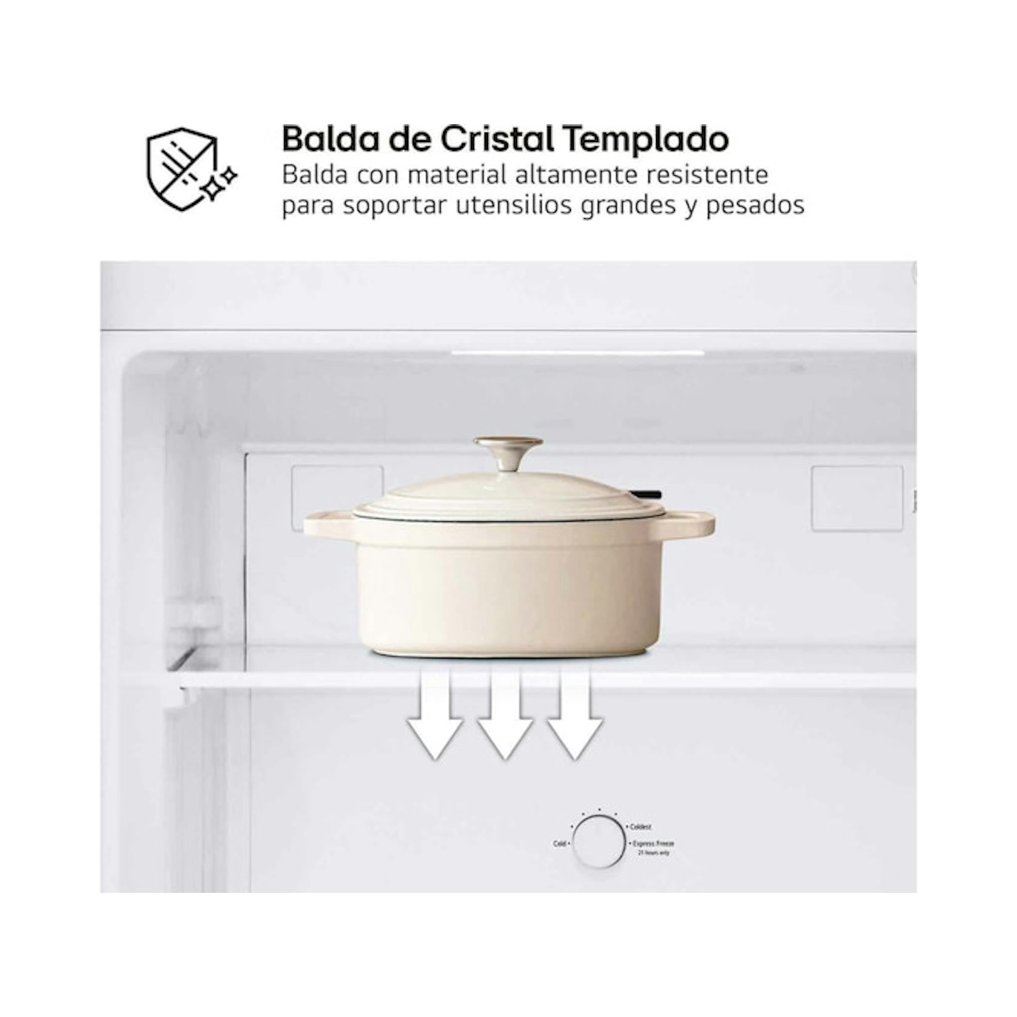 Detalle interior de frigorífico LG blanco con balda de cristal templado y una olla