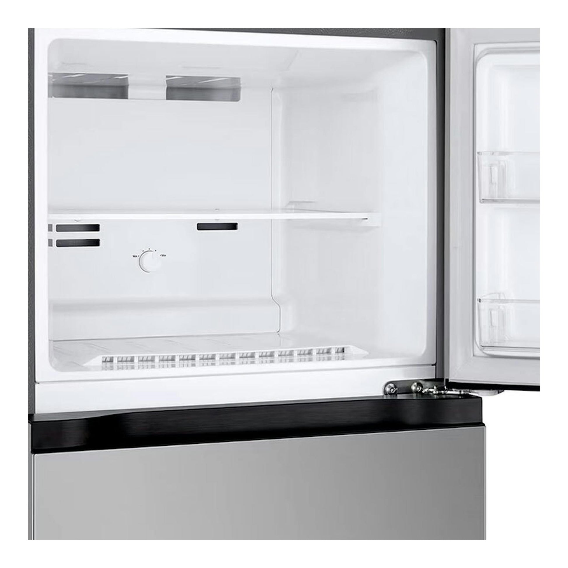 Frigorífico LG GTBV22PYNJ inox, vista frontal con puertas abiertas e interior blanco visible.