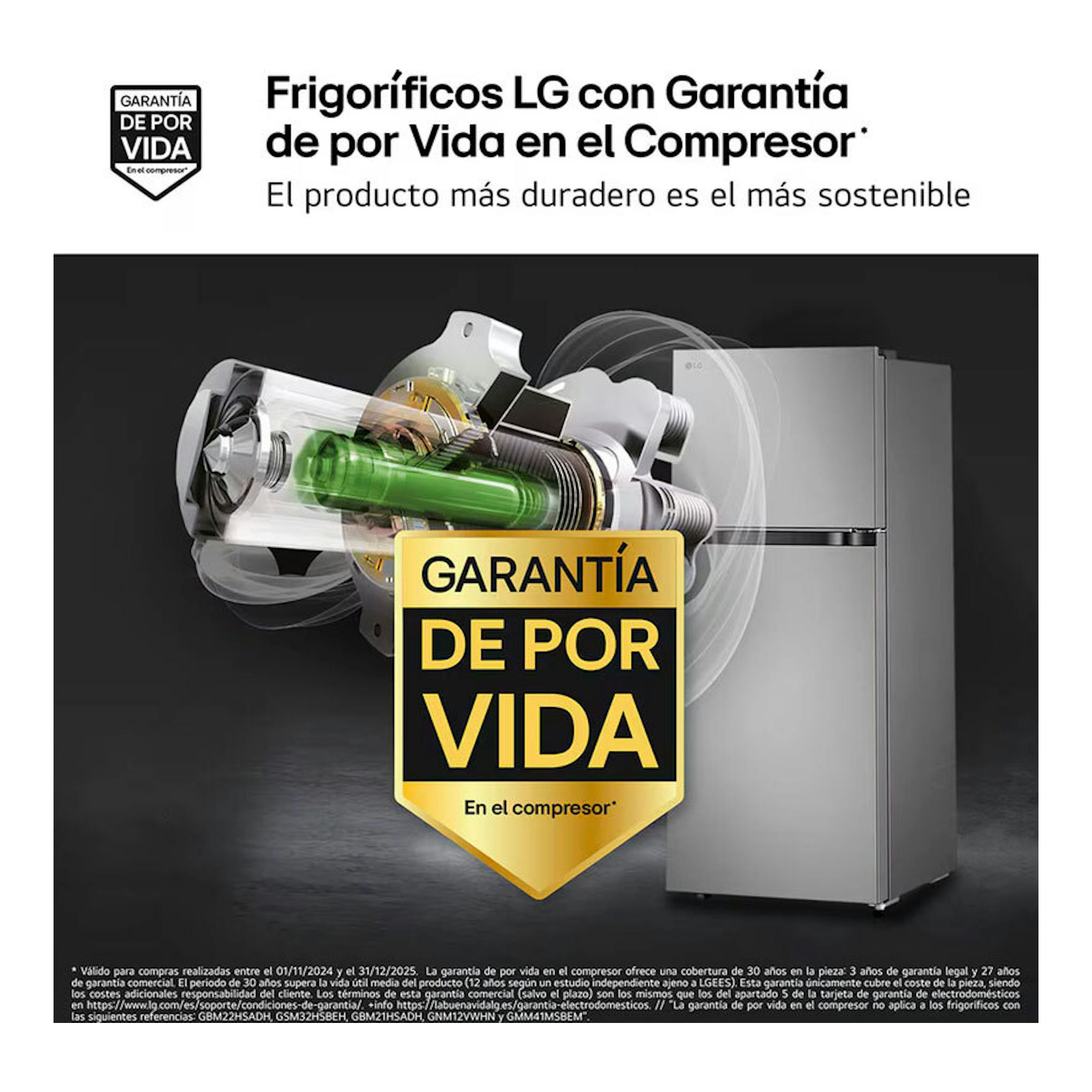 Frigorífico LG GTBV22PYNJ inox, vista frontal de dos puertas, junto a gráfico del compresor y sello de garantía.