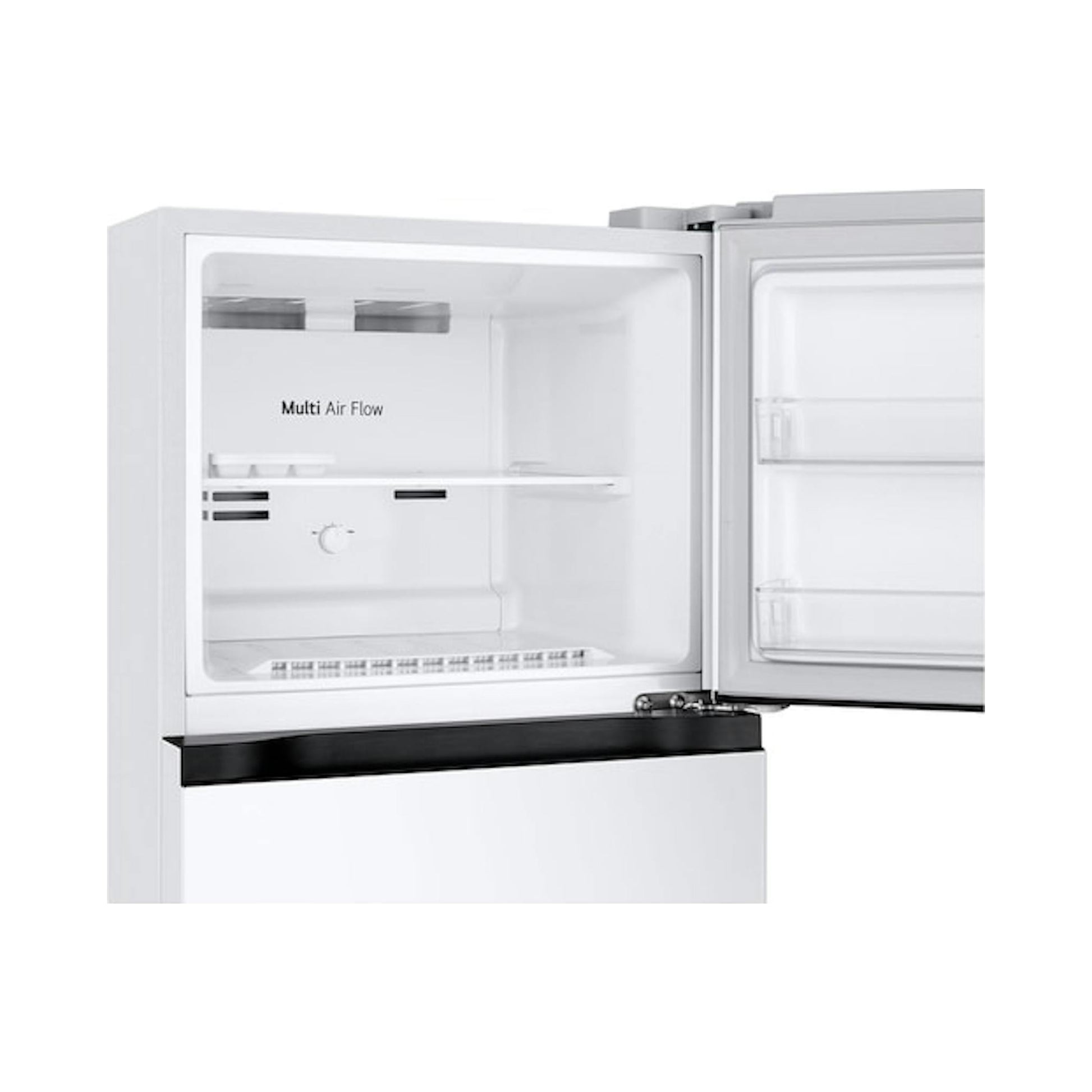 Frigorífico LG GTBV22SWNJ blanco de dos puertas, con las puertas abiertas y vista frontal parcial.