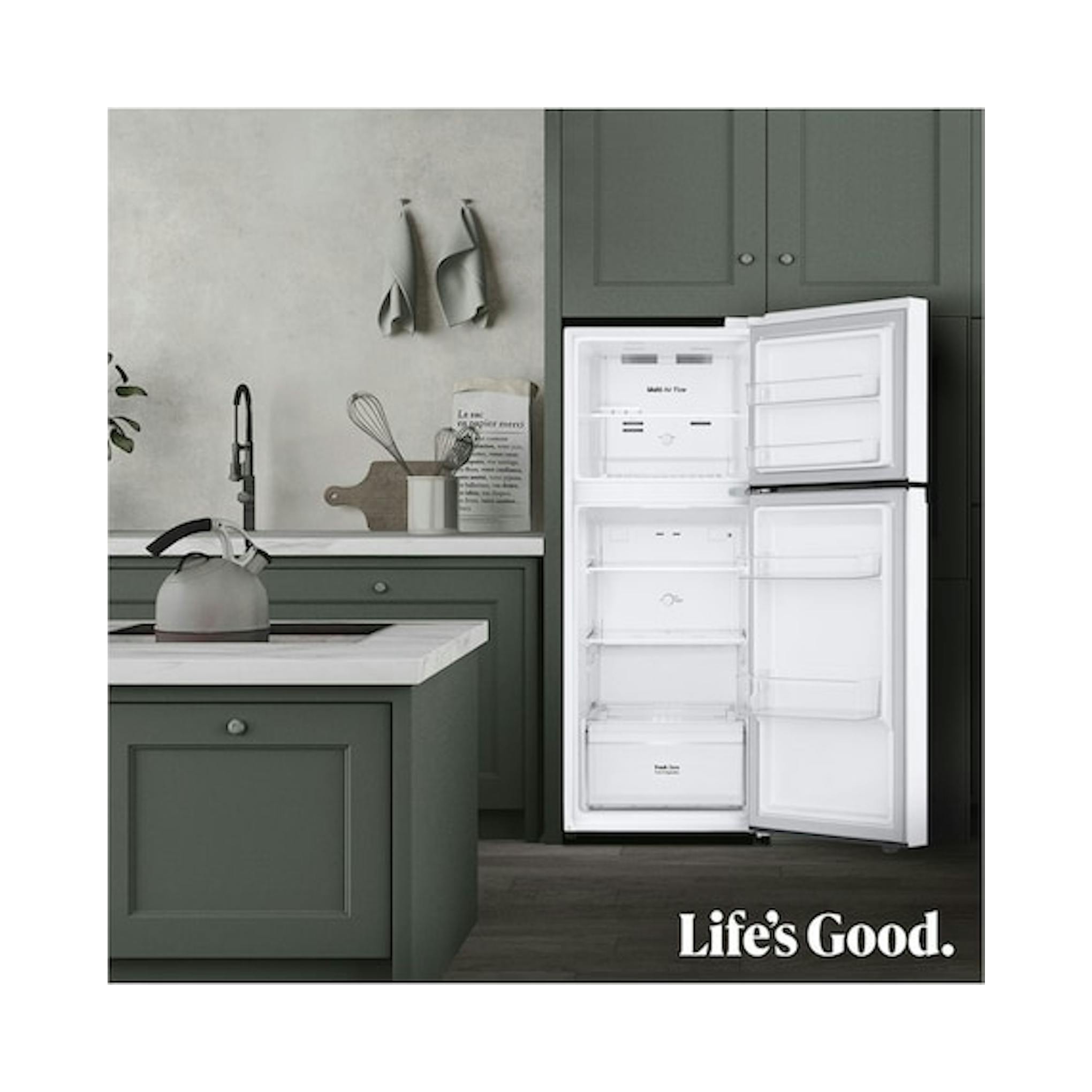 Frigorífico LG de dos puertas abierto, vista frontal, en una cocina moderna.