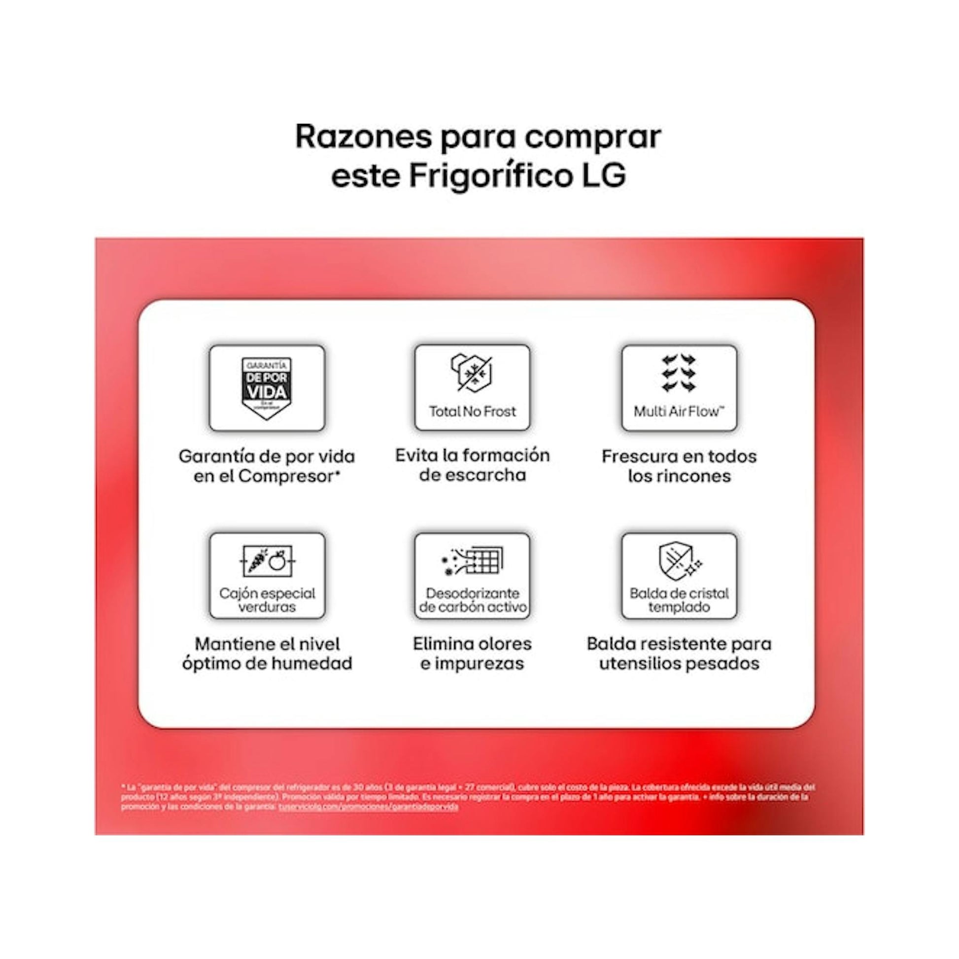 Infografía del frigorífico LG GTBV22SWNJ con iconos de funciones y texto informativo sobre sus características.