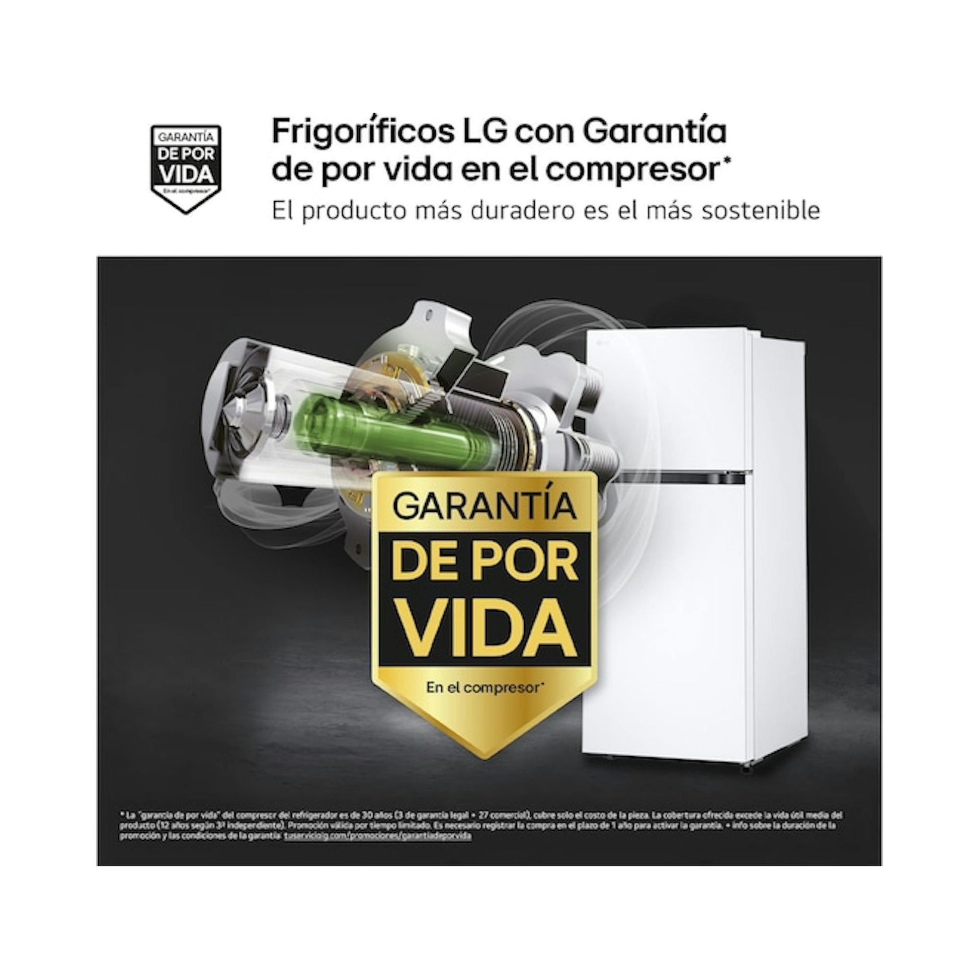 Frigorífico LG blanco de 2 puertas, vista frontal, en imagen promocional con fondo oscuro.