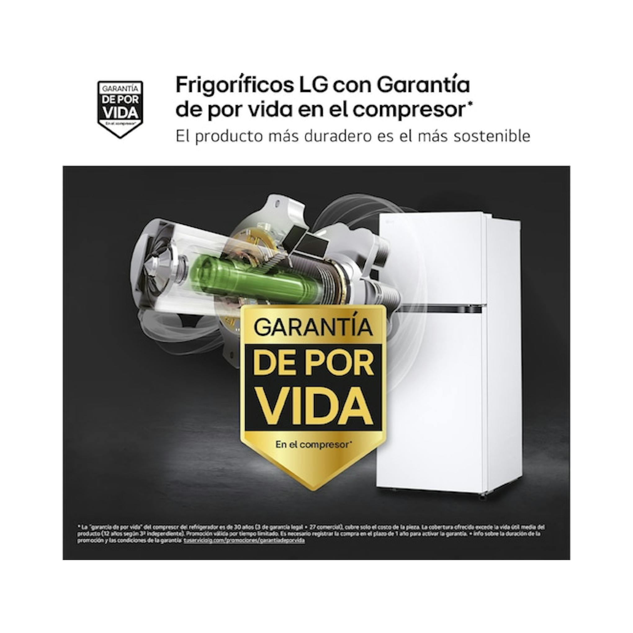 Frigorífico LG blanco de 2 puertas, vista frontal, en imagen promocional con fondo oscuro.