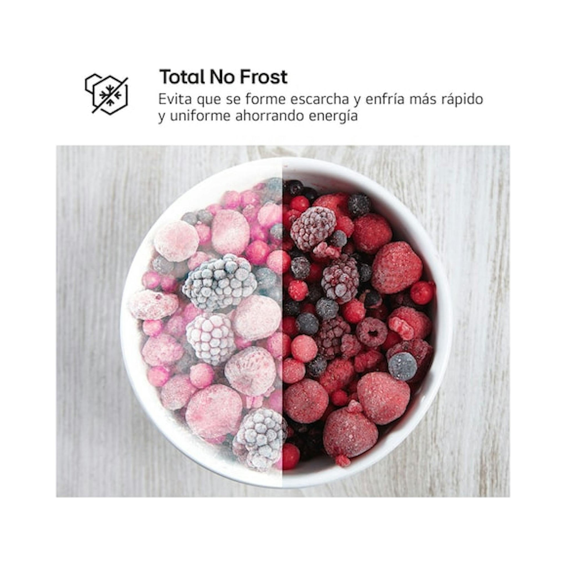 Gráfico de Total No Frost con un bol de frutos rojos congelados sobre fondo claro.