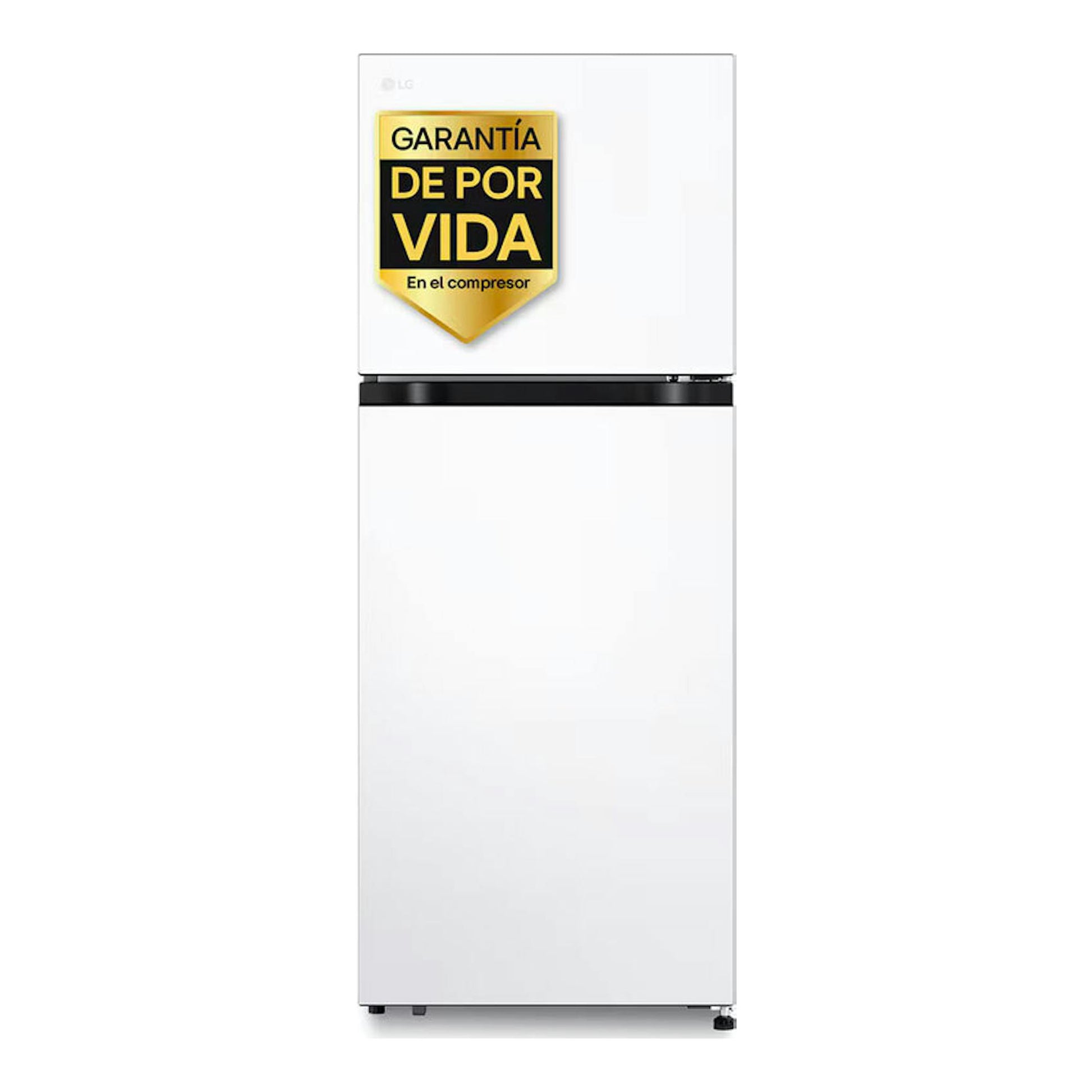 Frigorífico LG GTBV22SWNJ blanco, vista frontal de dos puertas, con etiqueta de garantía en la puerta superior.