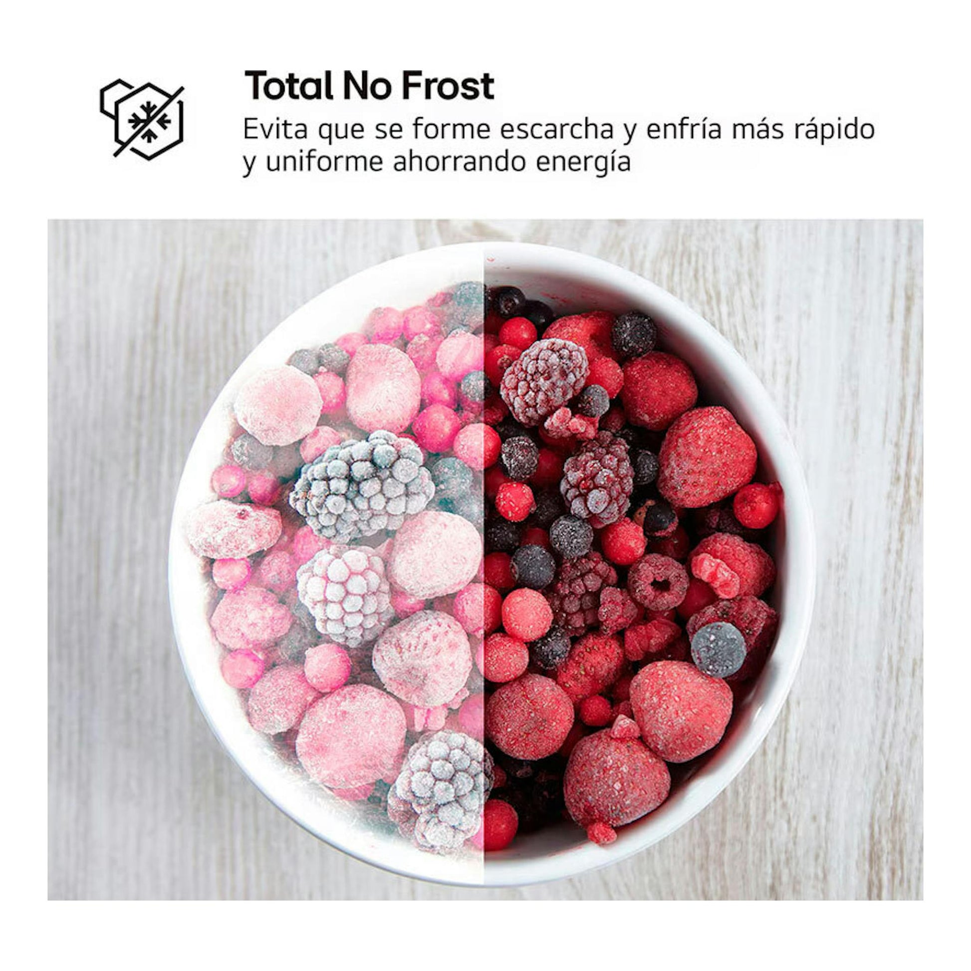 Gráfico de LG GTBV22SWNJ, Total No Frost: bol de frutos rojos congelados, mitad con escarcha y mitad sin ella.