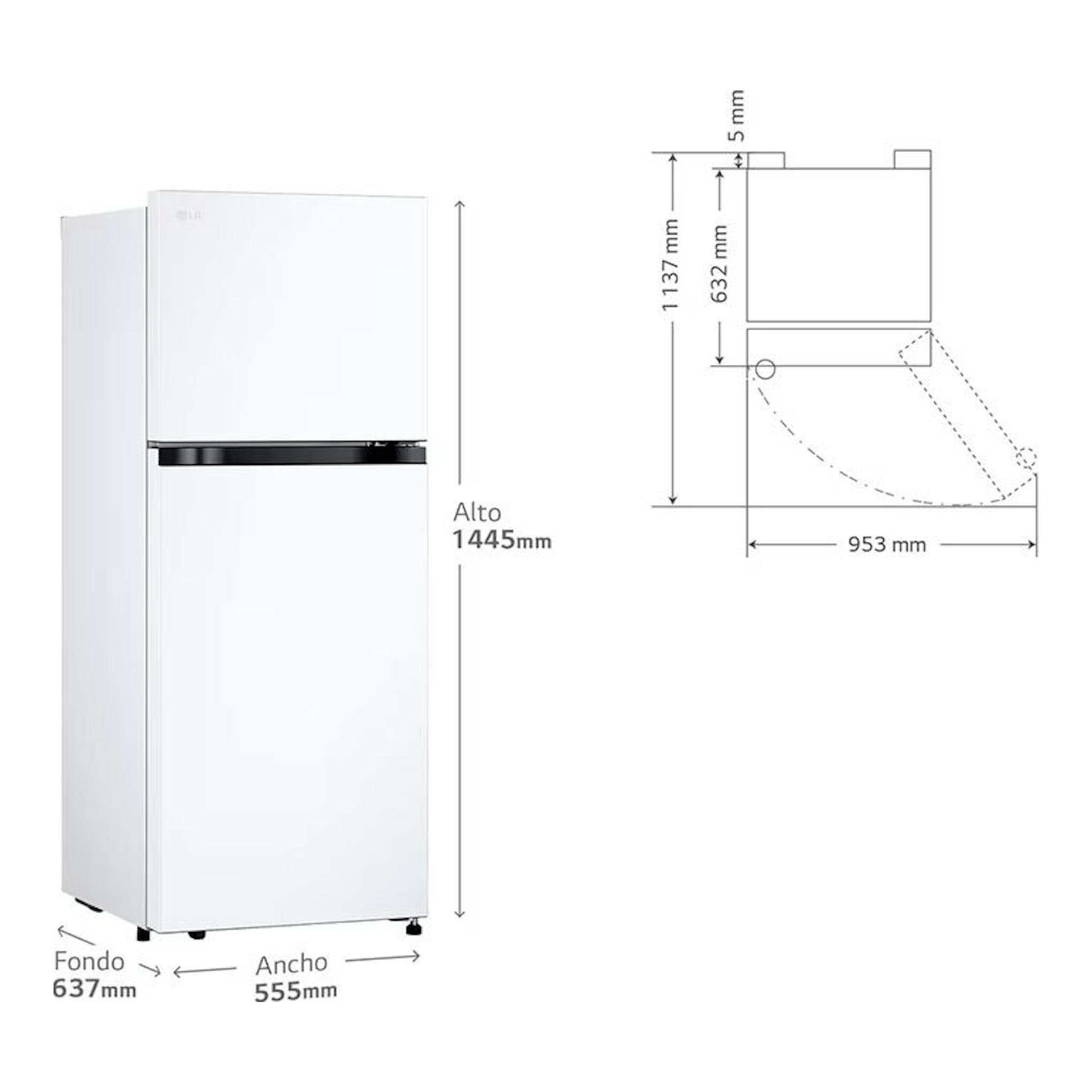 Frigorífico LG GTBV22SWNJ blanco de 2 puertas, vista frontal y lateral, con medidas.