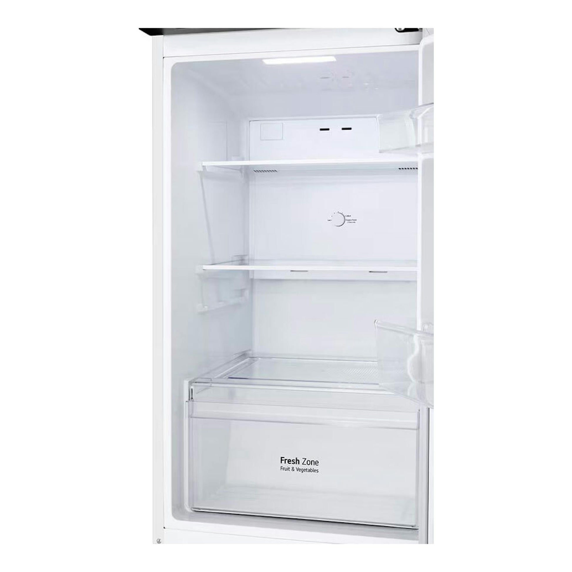 Frigorífico LG GTBV22SWNJ blanco, vista frontal del interior con puerta abierta y cajón Fresh Zone.