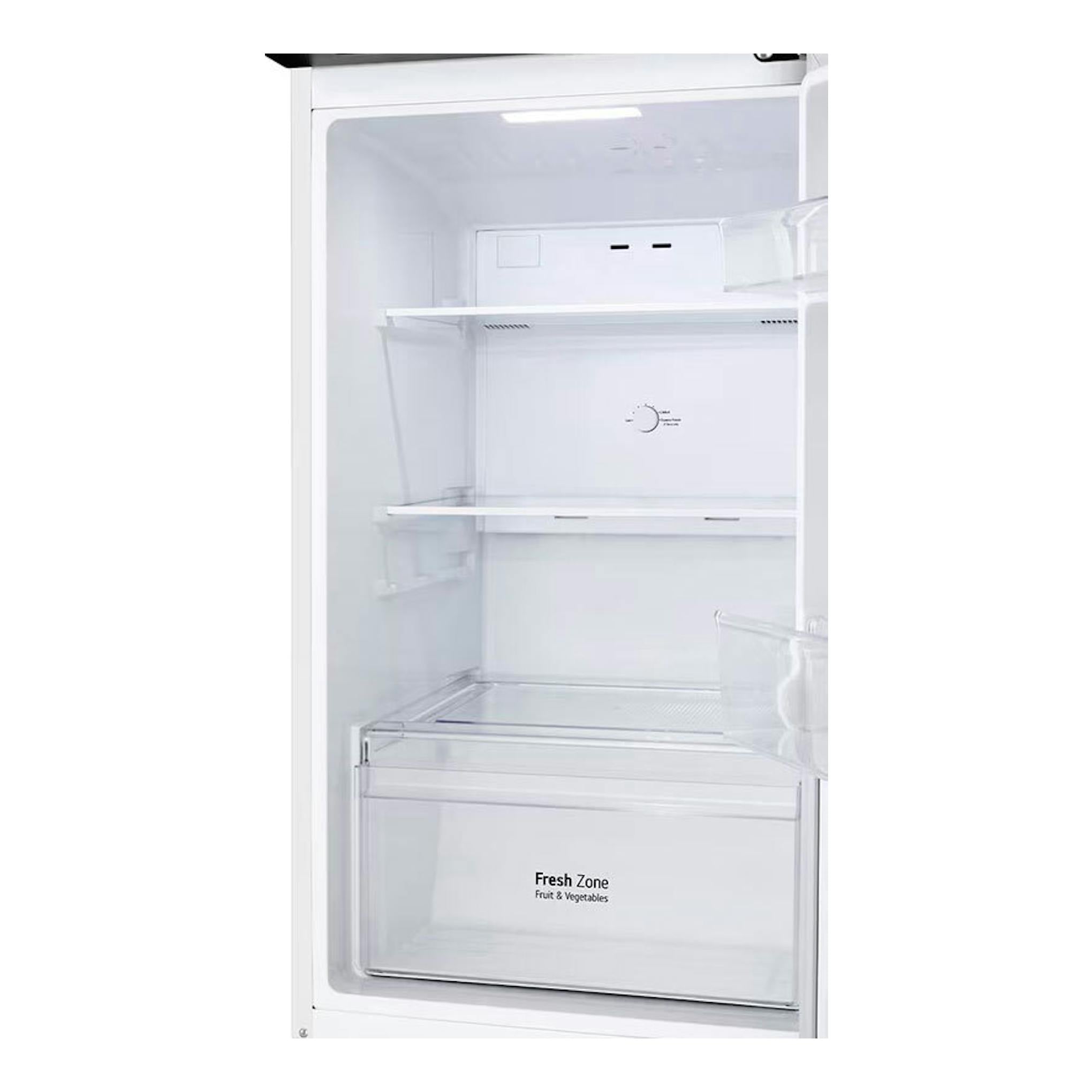Frigorífico LG GTBV22SWNJ blanco, vista frontal del interior con puerta abierta y cajón Fresh Zone.
