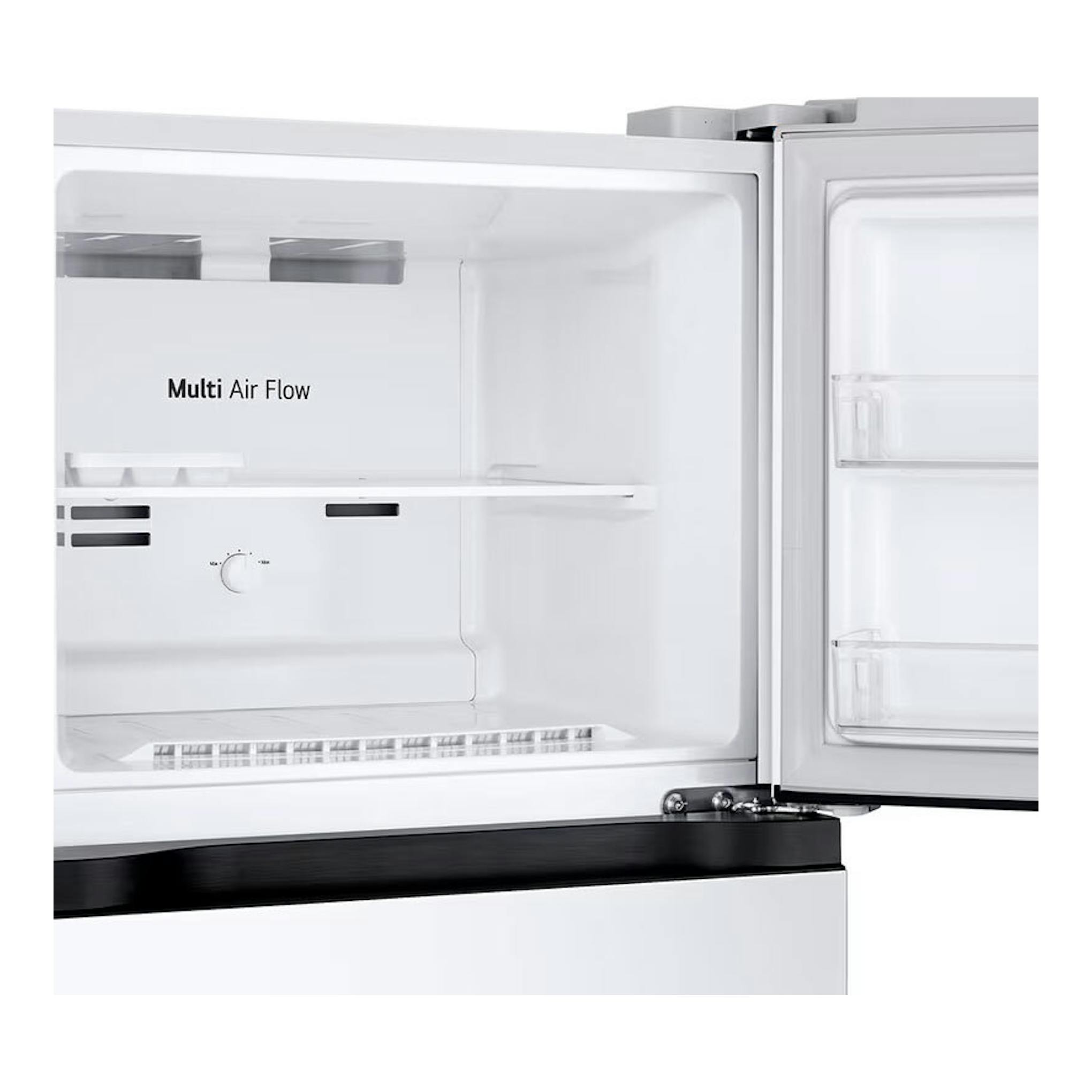 Frigorífico LG GTBV22SWNJ blanco, vista frontal con puerta abierta e interior vacío.