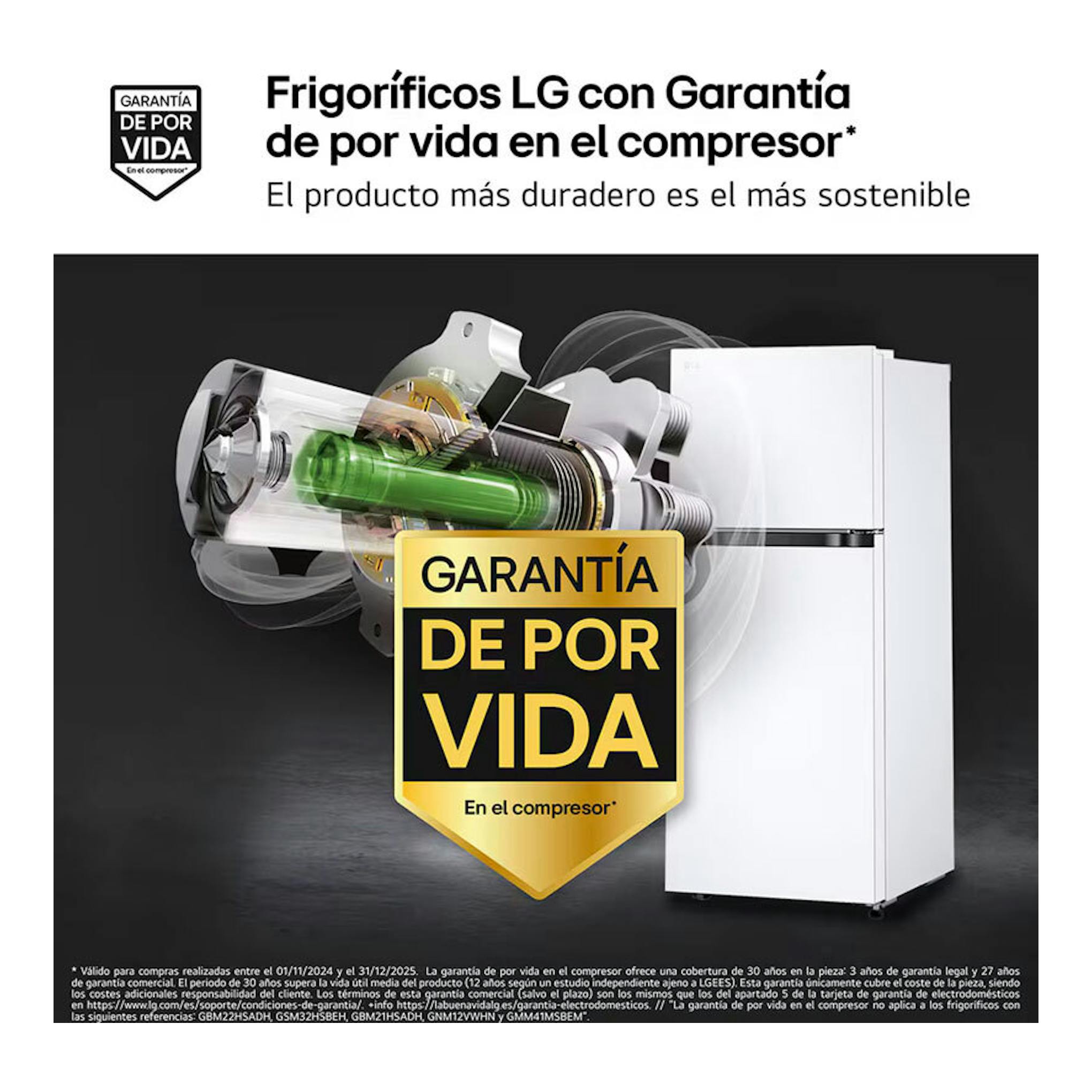 Frigorífico LG GTBV22SWNJ blanco, vista frontal, con compresor ilustrado y sello de garantía de por vida.