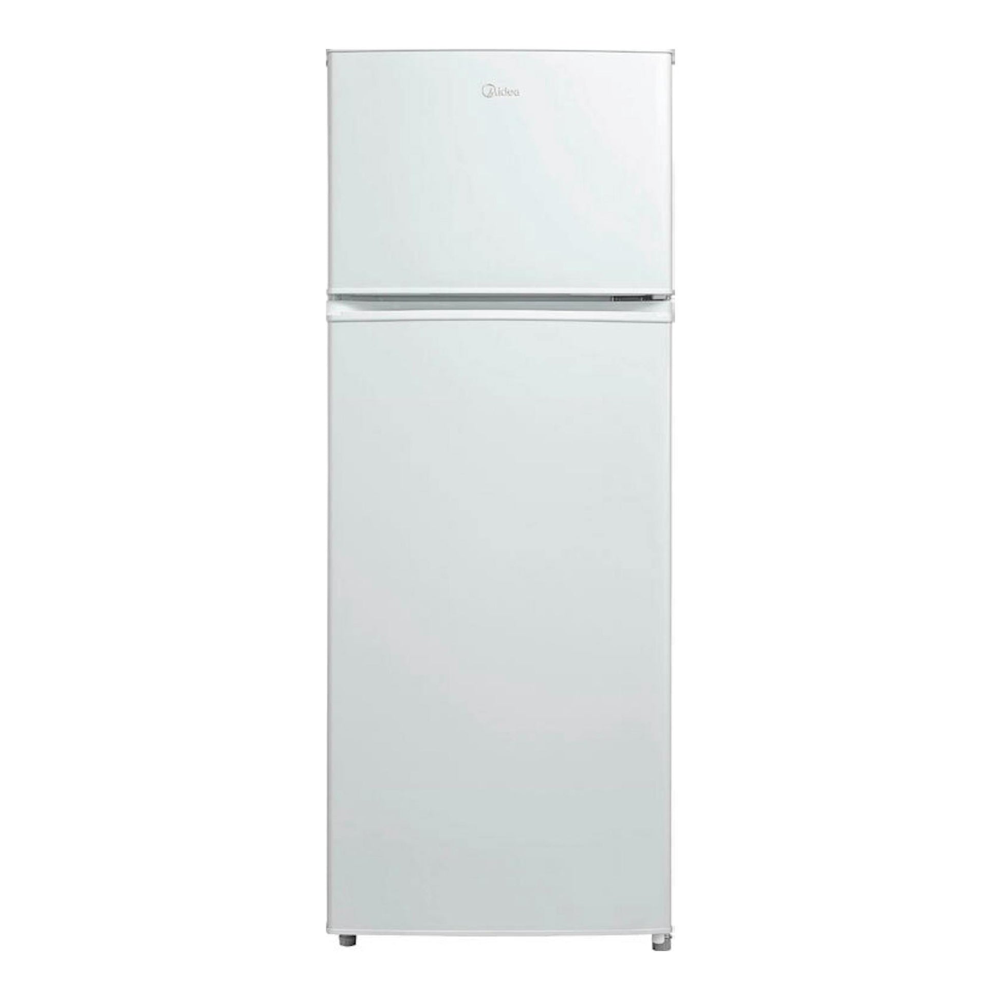 Frigorífico Midea MDRT294FGE01 blanco de dos puertas, vista frontal, con congelador superior.