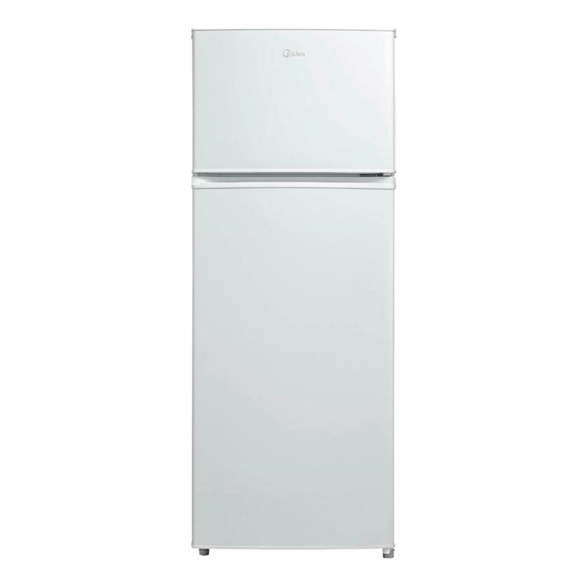 Frigorífico Midea MDRT294FGE01 blanco de dos puertas, vista frontal, con congelador superior.