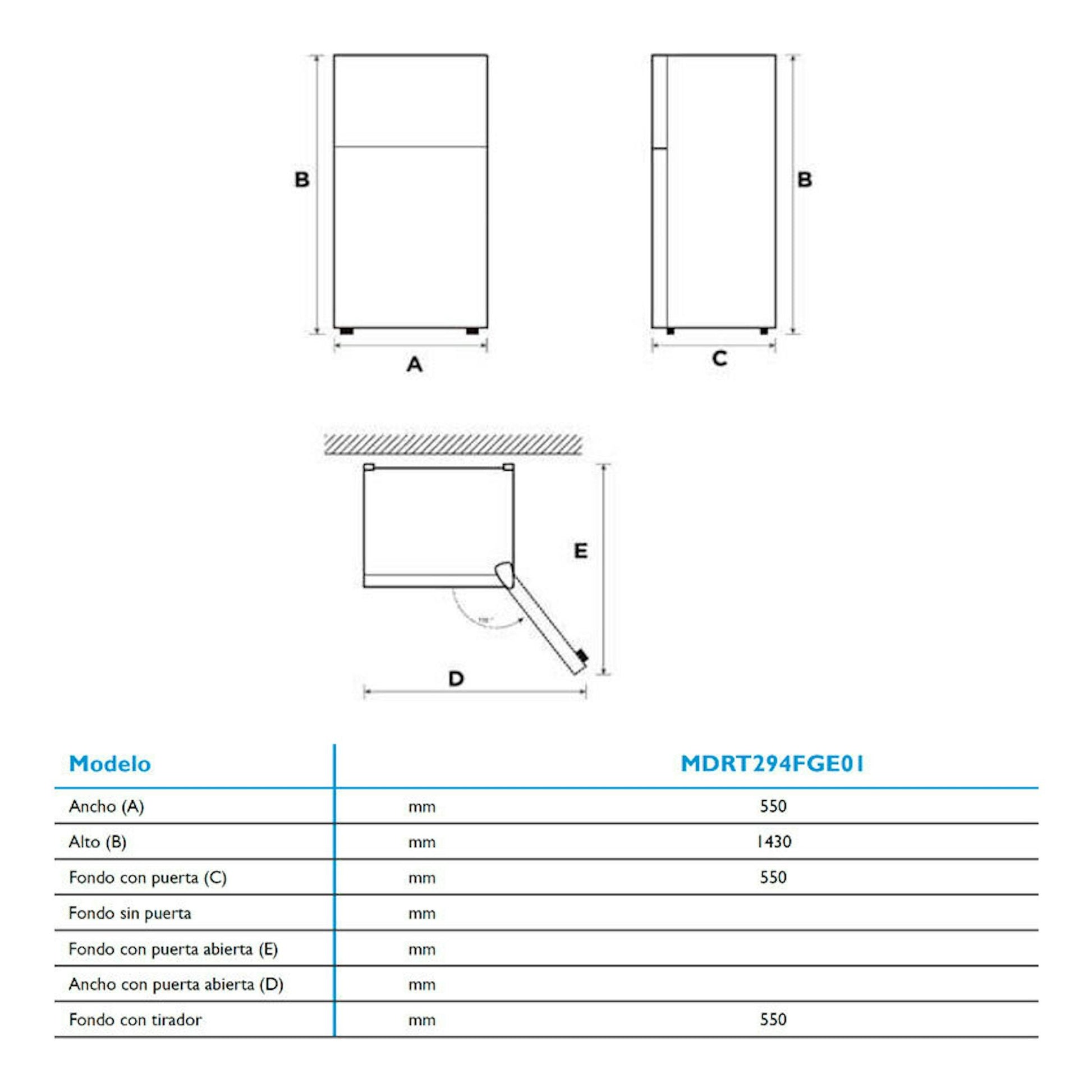 Diagrama de dimensiones del frigorífico Midea MDRT294FGE01 blanco, vista frontal, lateral y apertura de puerta.