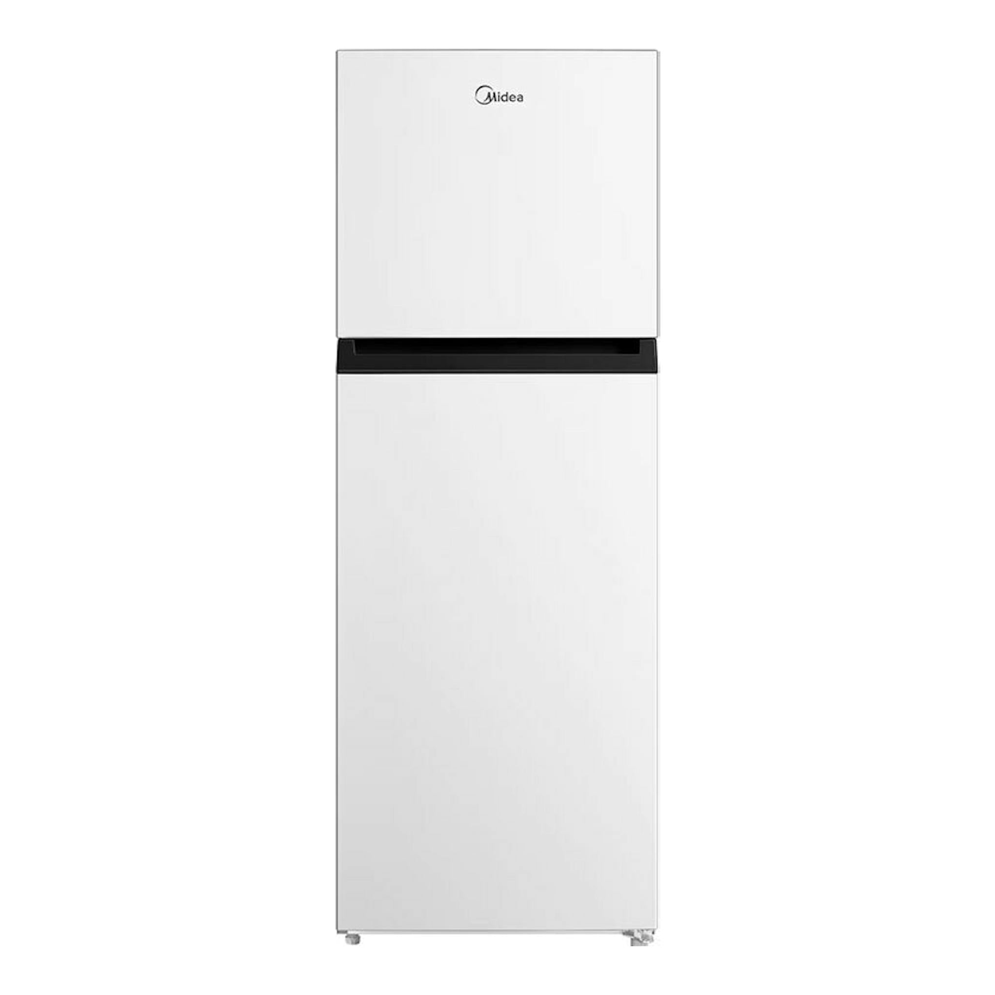 Frigorífico Midea MDRT489MTE01E blanco, vista frontal de dos puertas con congelador superior.