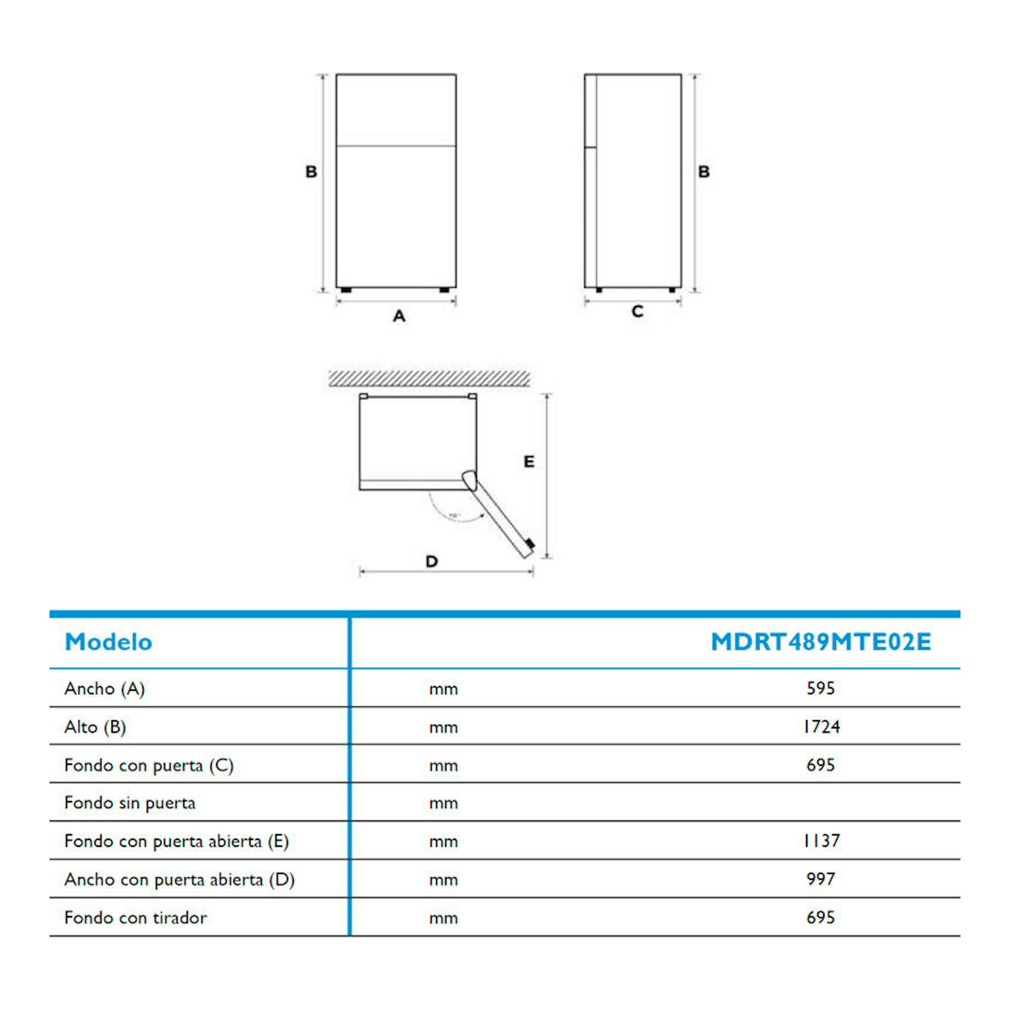 Esquema de medidas de frigorífico Midea MDRT489MTE02E blanco, vistas frontal, lateral y puerta abierta.