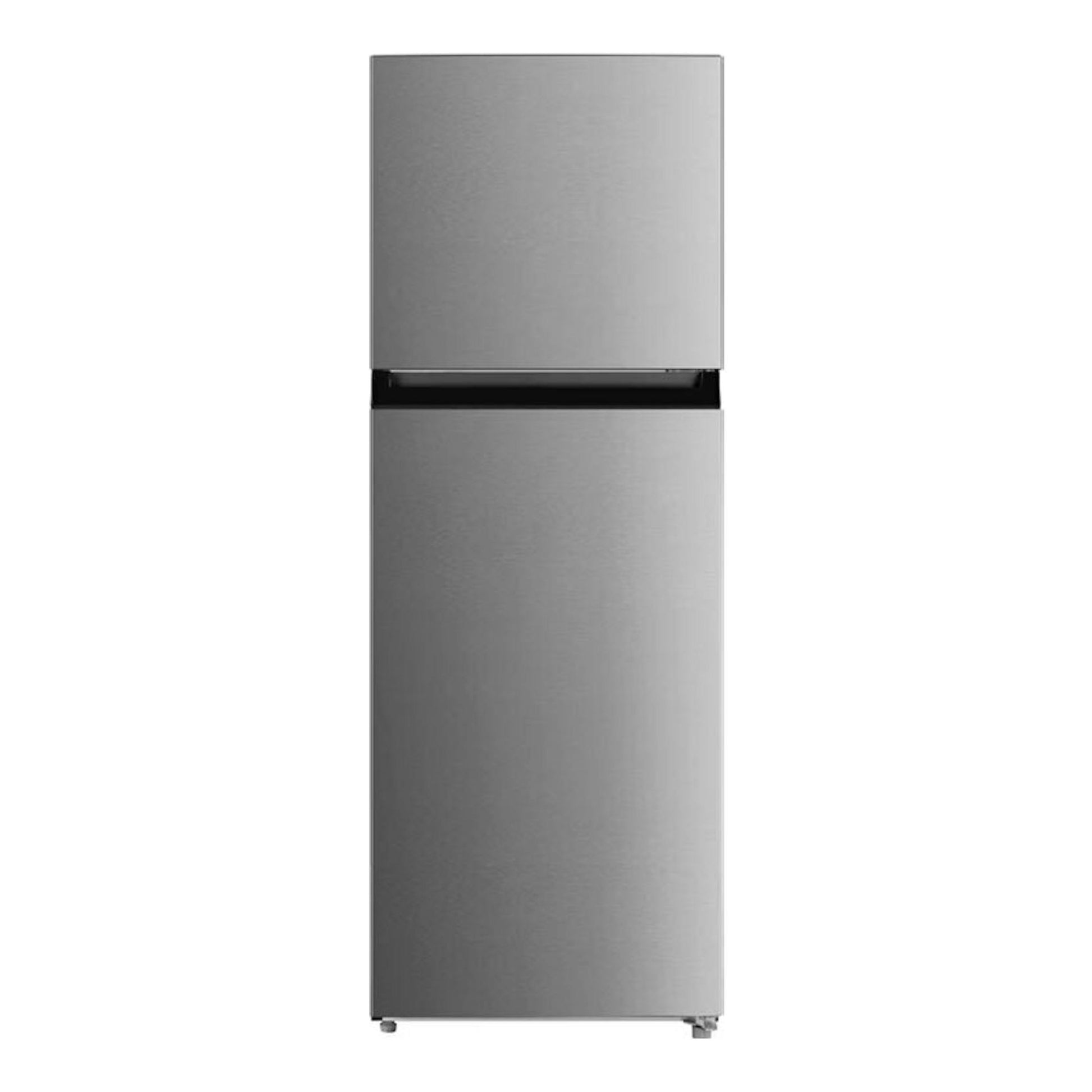 Frigorífico Midea MDRT489MTE02E inox, vista frontal, dos puertas, acabado metálico.