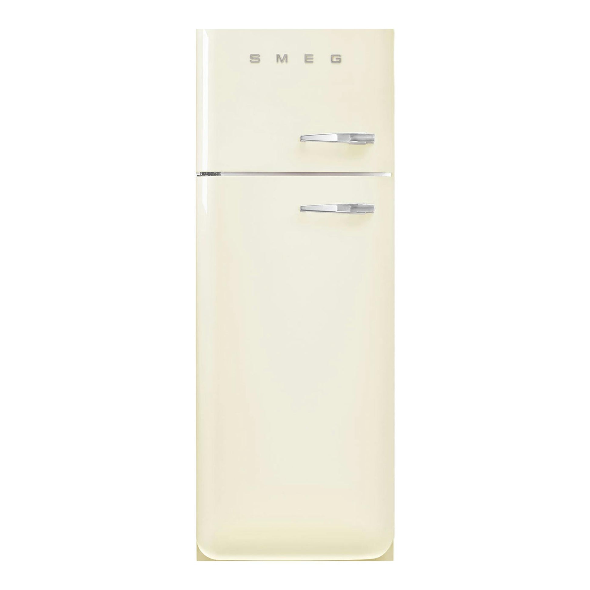 Frigorífico Smeg FAB30LCR6 crema de dos puertas, vista frontal, con tiradores cromados.