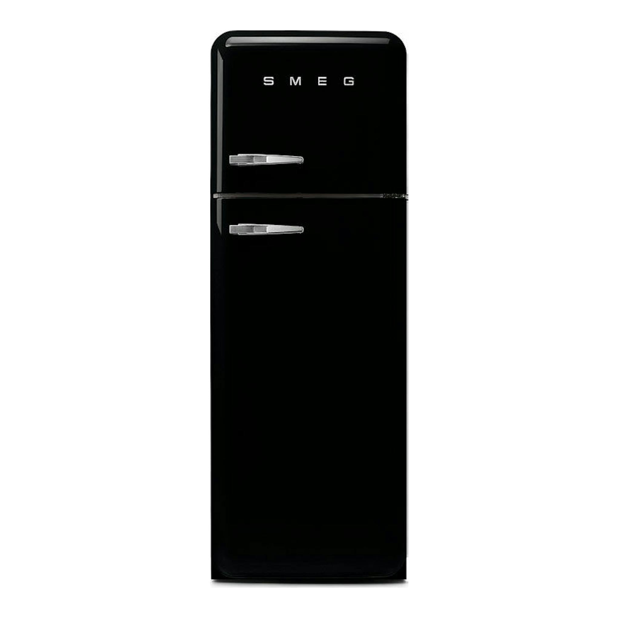 Frigorífico Smeg FAB30RBL5 negro, vista frontal, dos puertas con tiradores cromados.