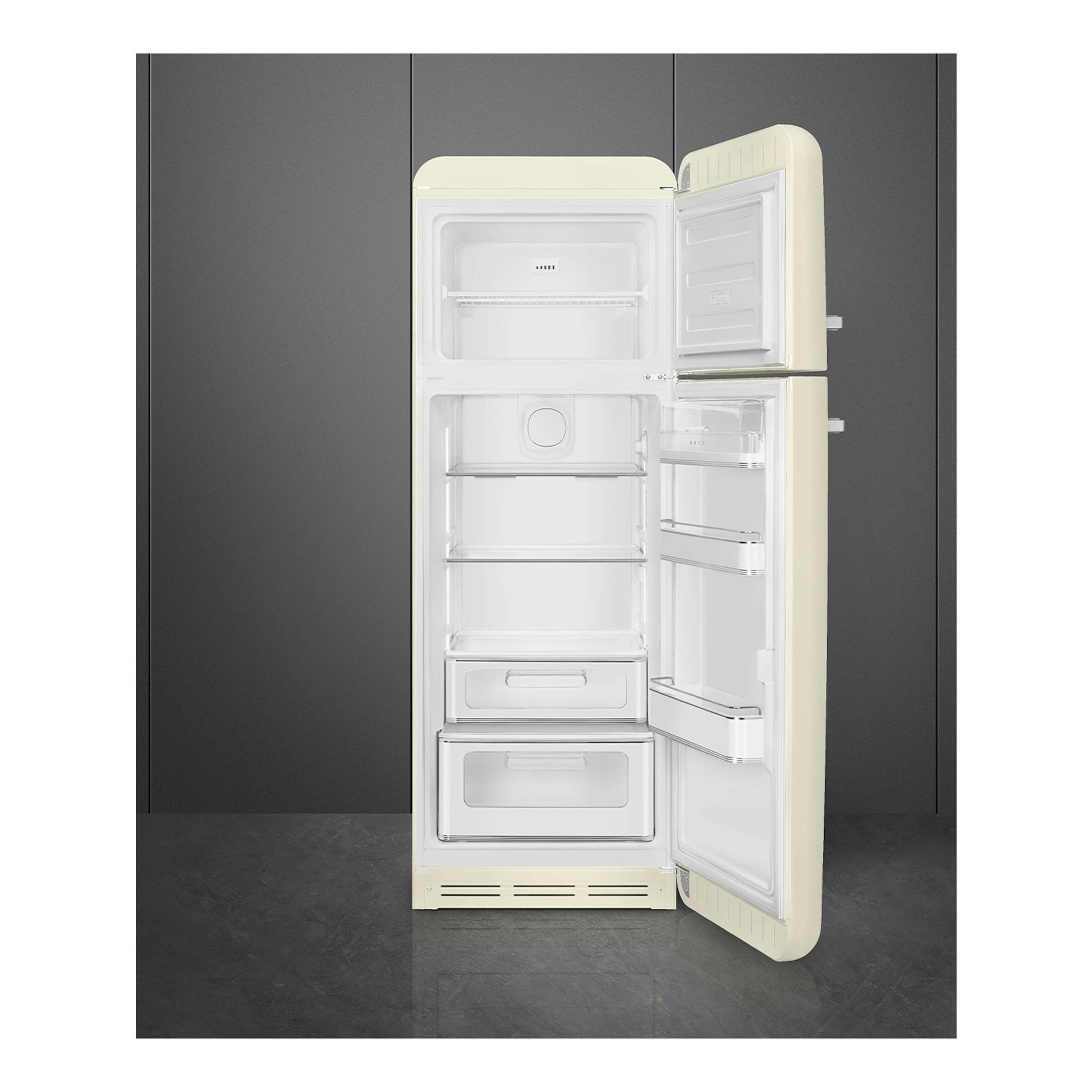 Frigorífico Smeg FAB30RCR6 crema, vista frontal con ambas puertas abiertas e interior blanco.