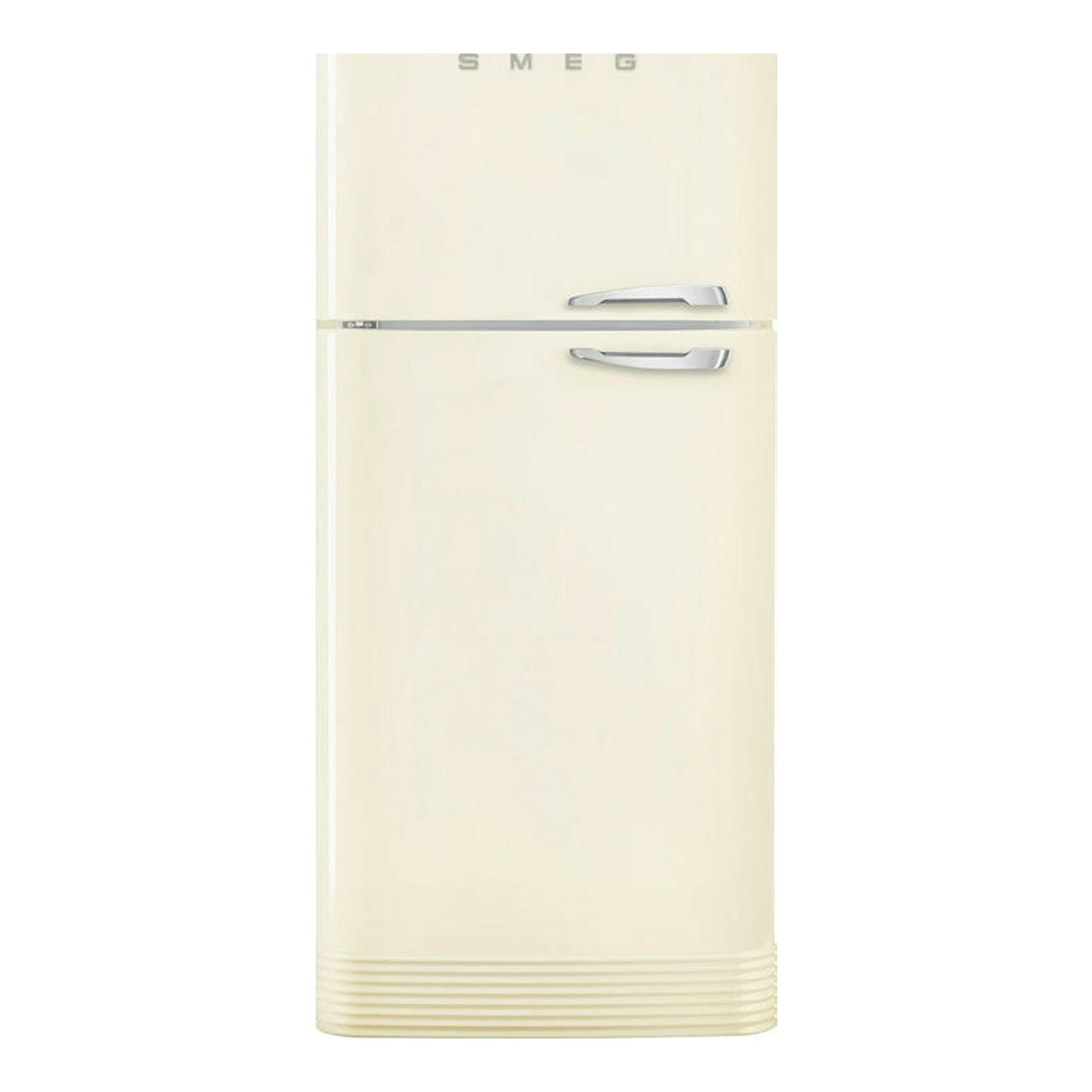 Frigorífico Smeg FAB50LCR5 crema, vista frontal, dos puertas, tiradores cromados.