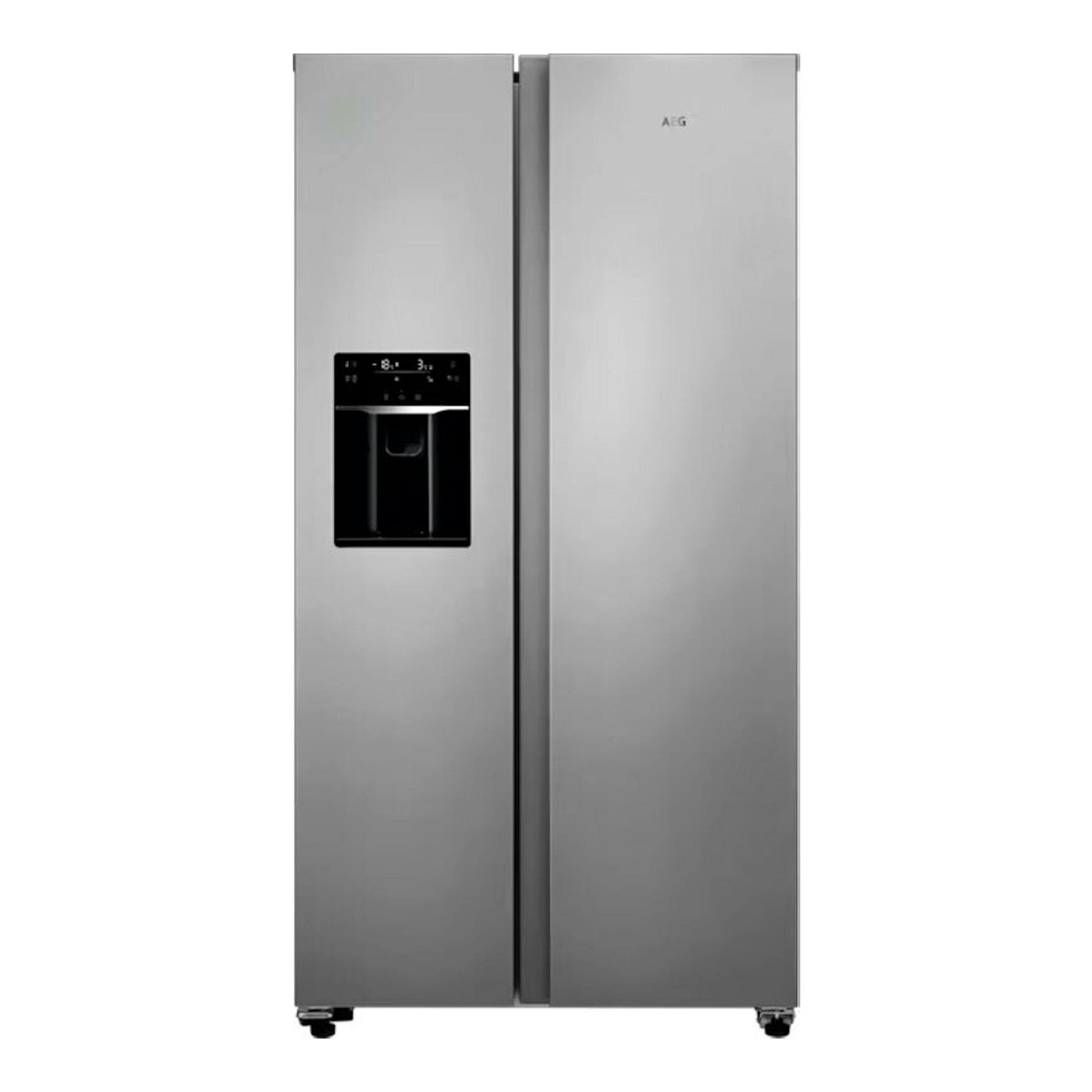 Frigorífico americano AEG ORX9V351DU inox, vista frontal, con dispensador negro en la puerta izquierda.