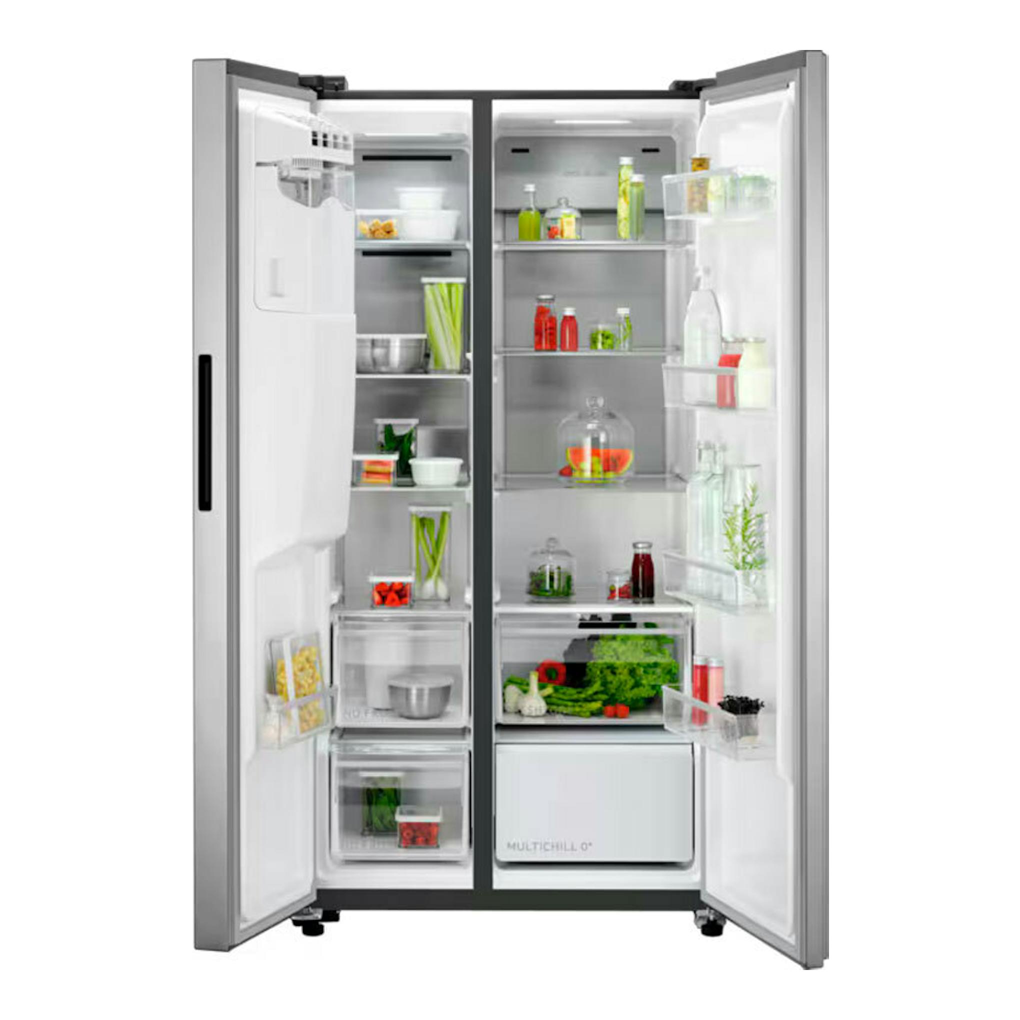 Frigorífico americano AEG ORX9V351DU inox, vista frontal con puertas abiertas e interior visible.