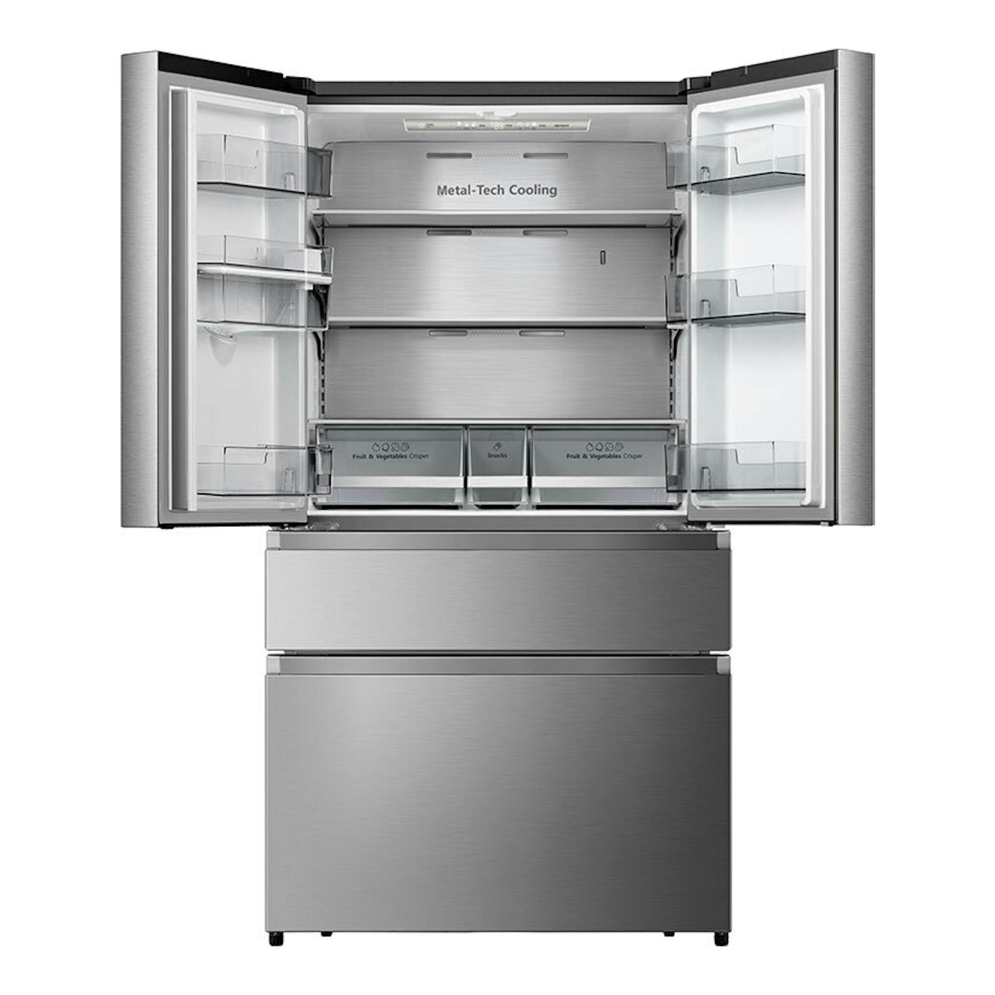 Frigorífico americano Hisense RF749N4SWSE inox, vista frontal con puertas abiertas y cajones.