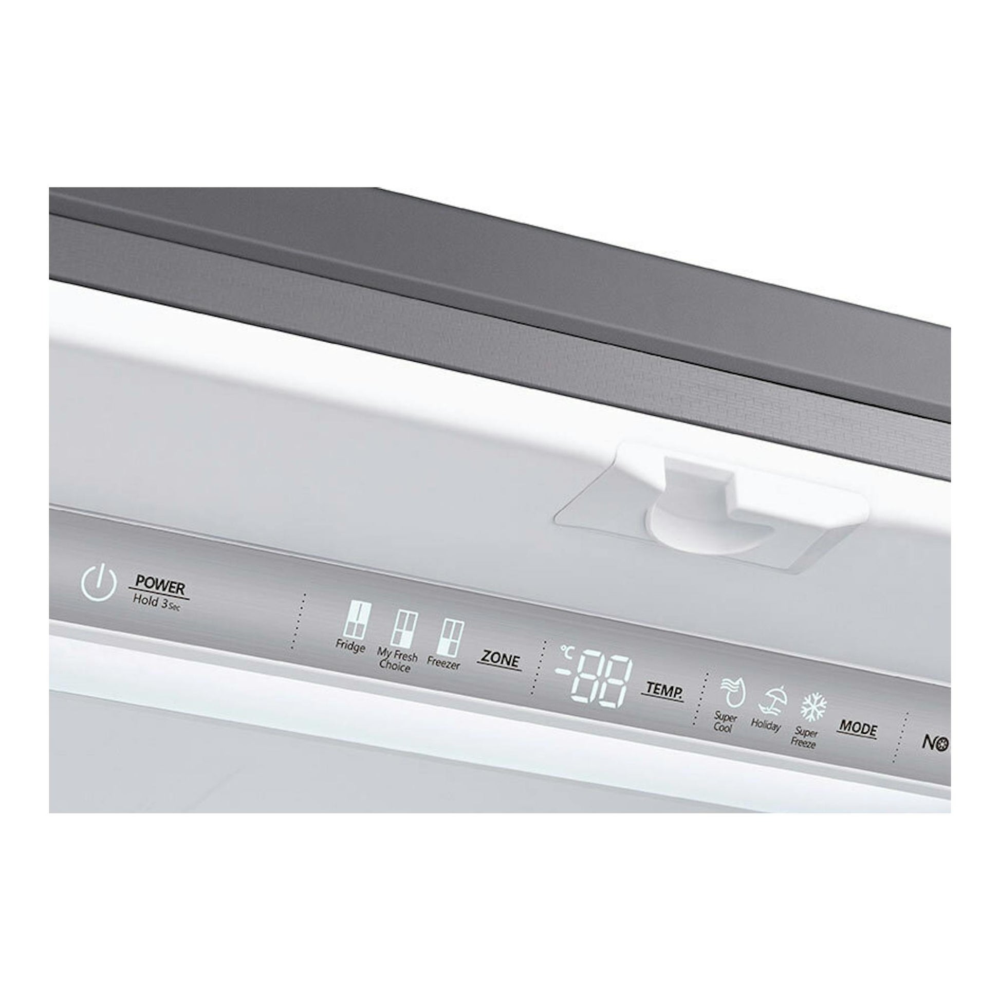 Panel superior de frigorífico americano Hisense RF749N4SWSE inox, con pantalla y botones táctiles.