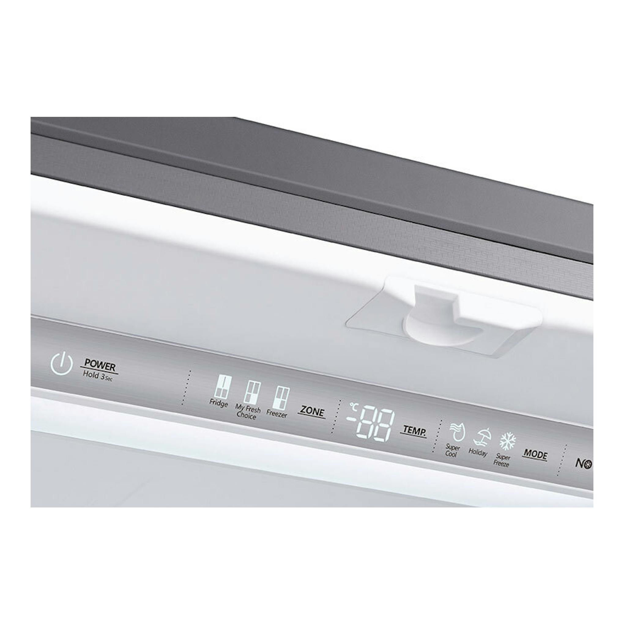 Panel superior de frigorífico americano Hisense RF749N4SWSE inox, con pantalla y botones táctiles.