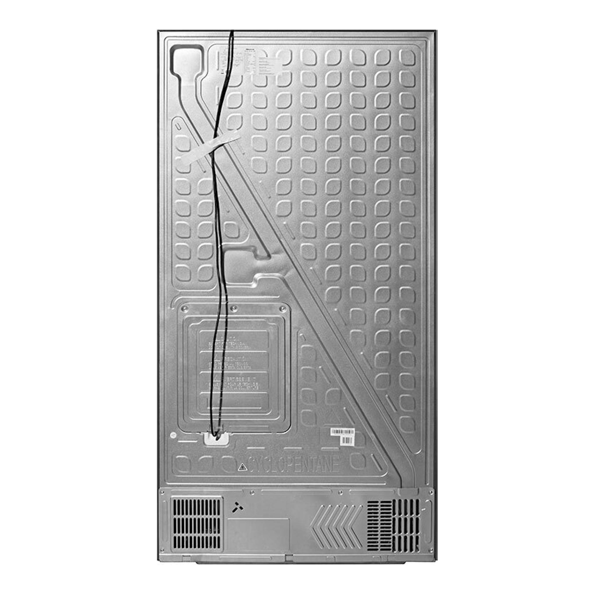 Frigorífico americano Hisense RF749N4SWSE inox, vista trasera con panel metálico y cables visibles.
