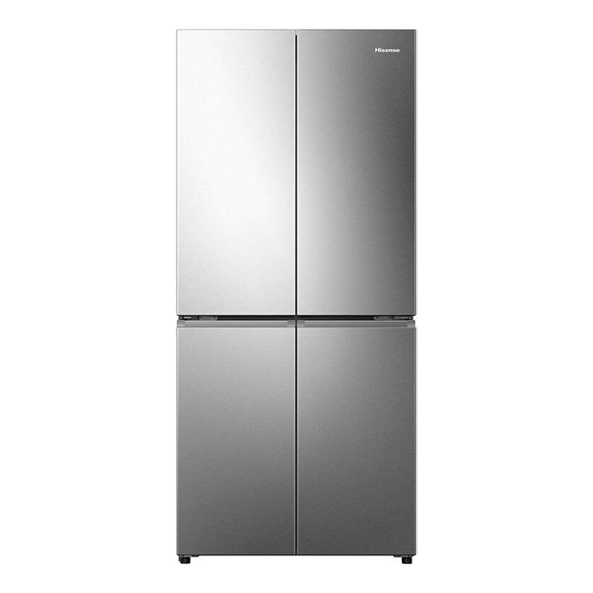 Frigorífico americano Hisense RQ5P470SEIE inox, vista frontal, cuatro puertas.