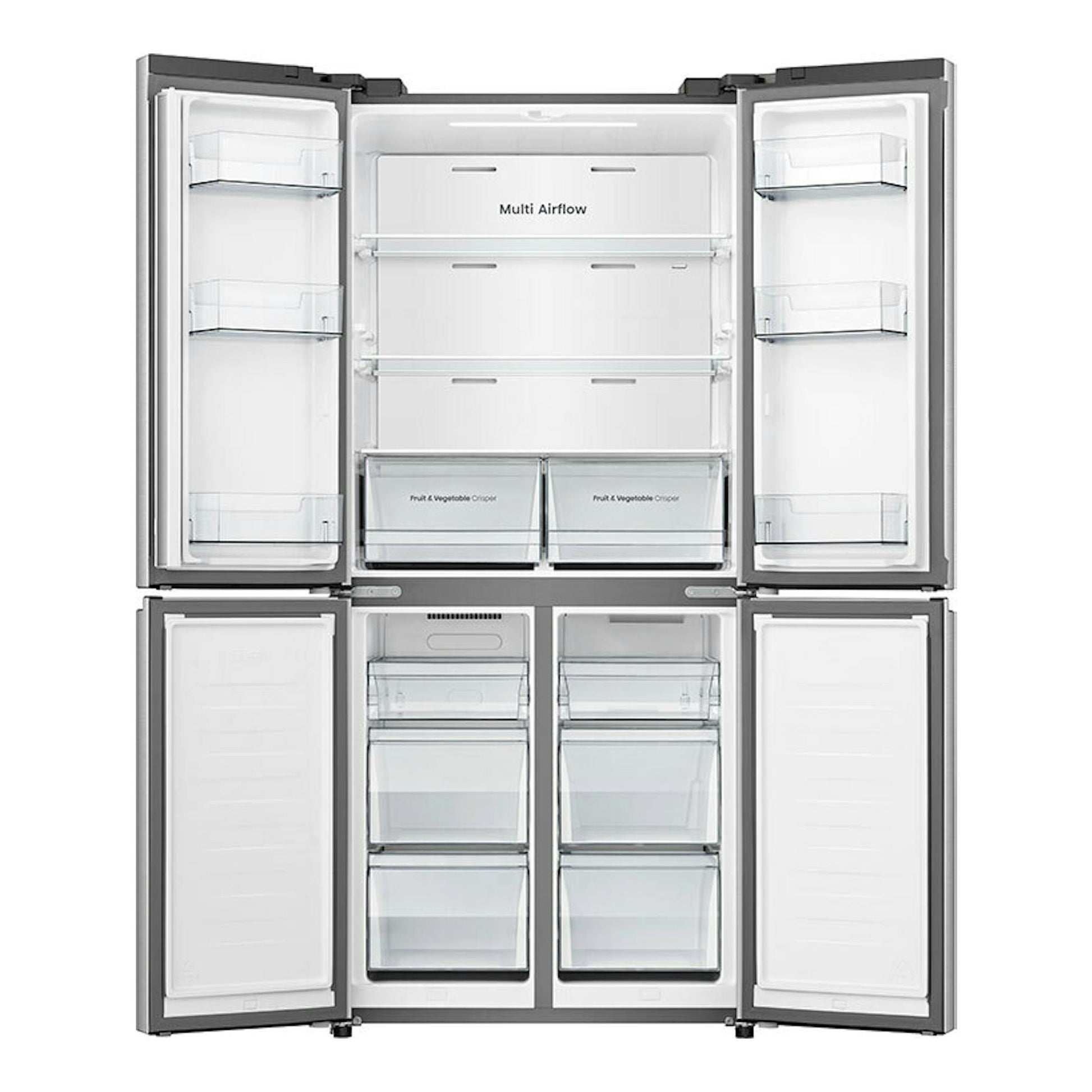Frigorífico americano Hisense RQ5P470SEIE inox, de cuatro puertas abiertas, vista frontal del interior.