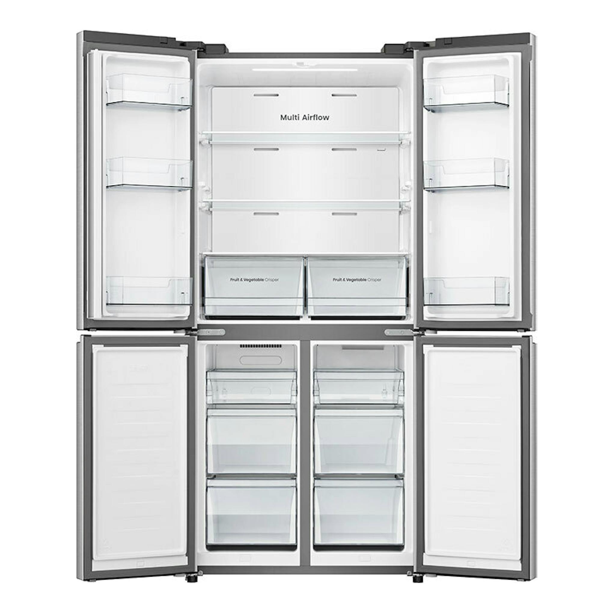 Frigorífico americano Hisense RQ5P470SEIE inox, de cuatro puertas abiertas, vista frontal del interior.