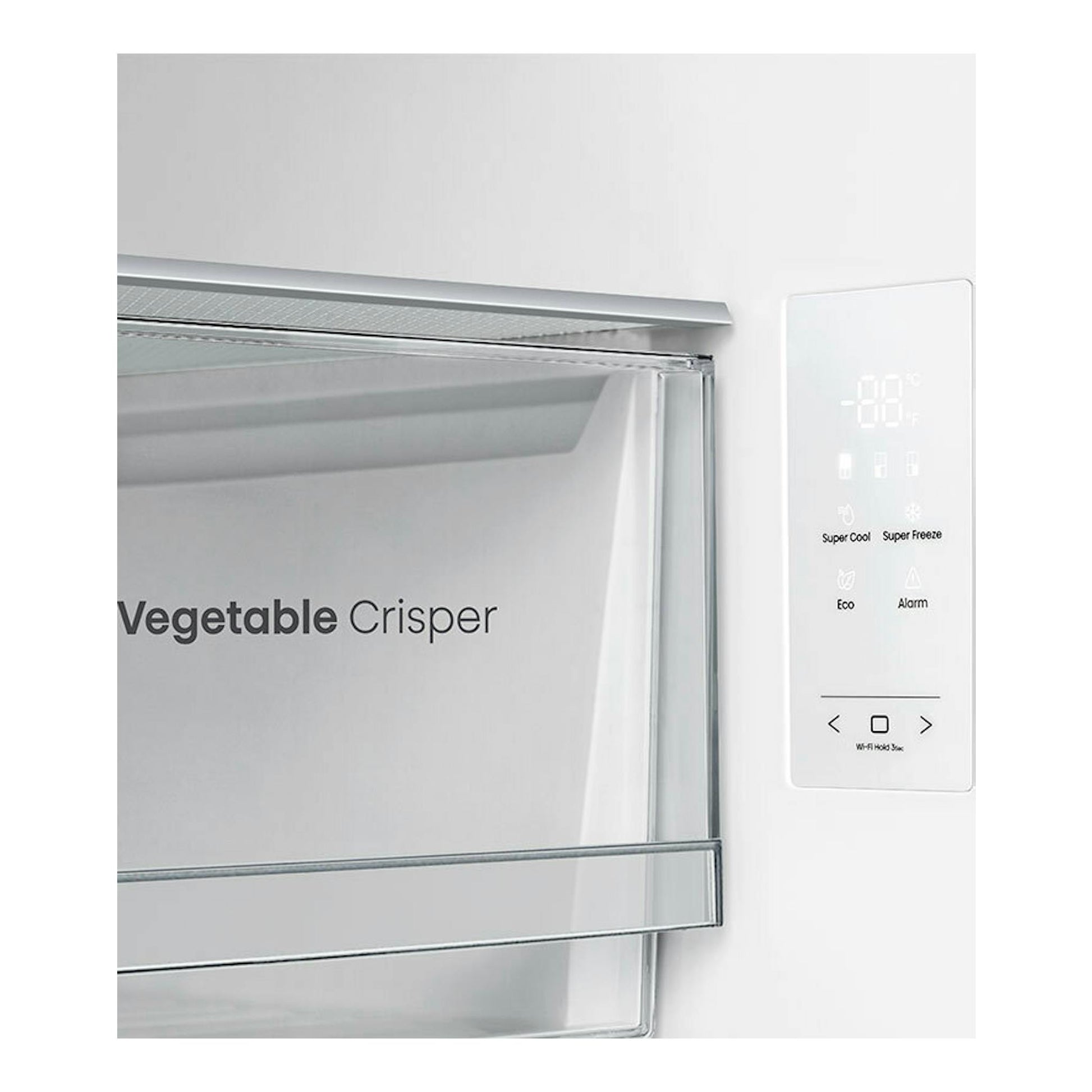 Hisense RQ5P470SEIE inox: primer plano del cajón Vegetable Crisper y panel táctil del frigorífico.