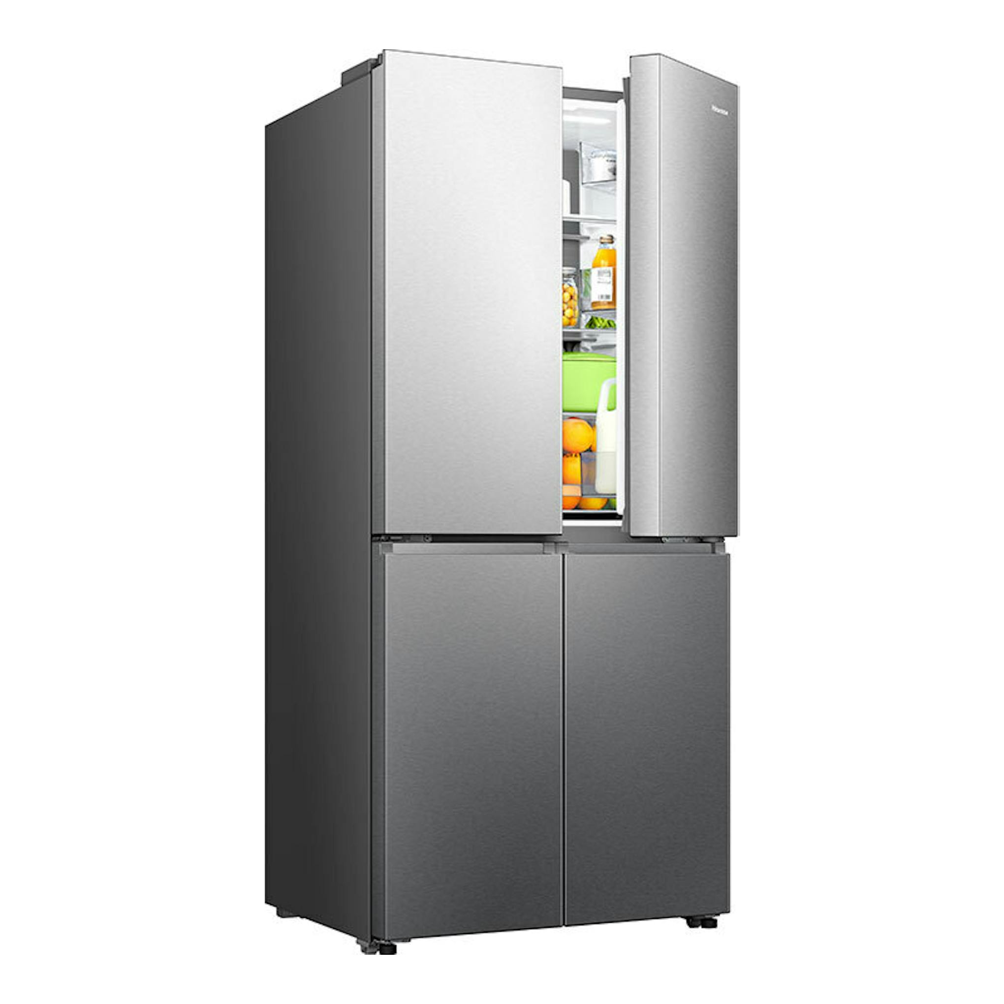 Frigorífico americano Hisense RQ5P470SEIE inox, vista frontal en ángulo, con puertas abiertas.