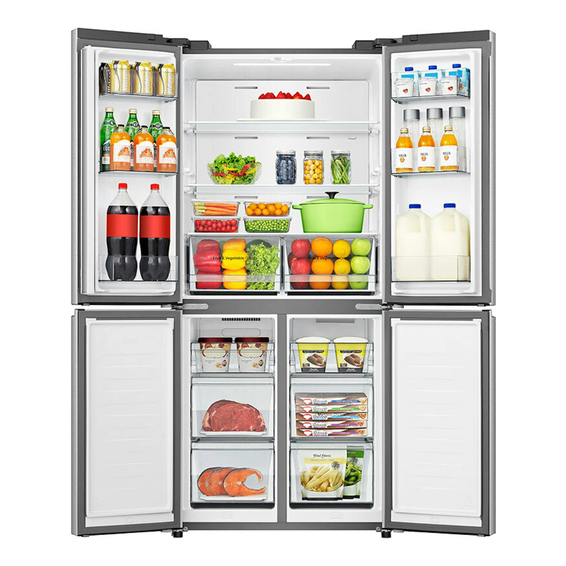 Frigorífico americano Hisense RQ5P470SETE en vista frontal, puertas abiertas, acabado cristal blanco.