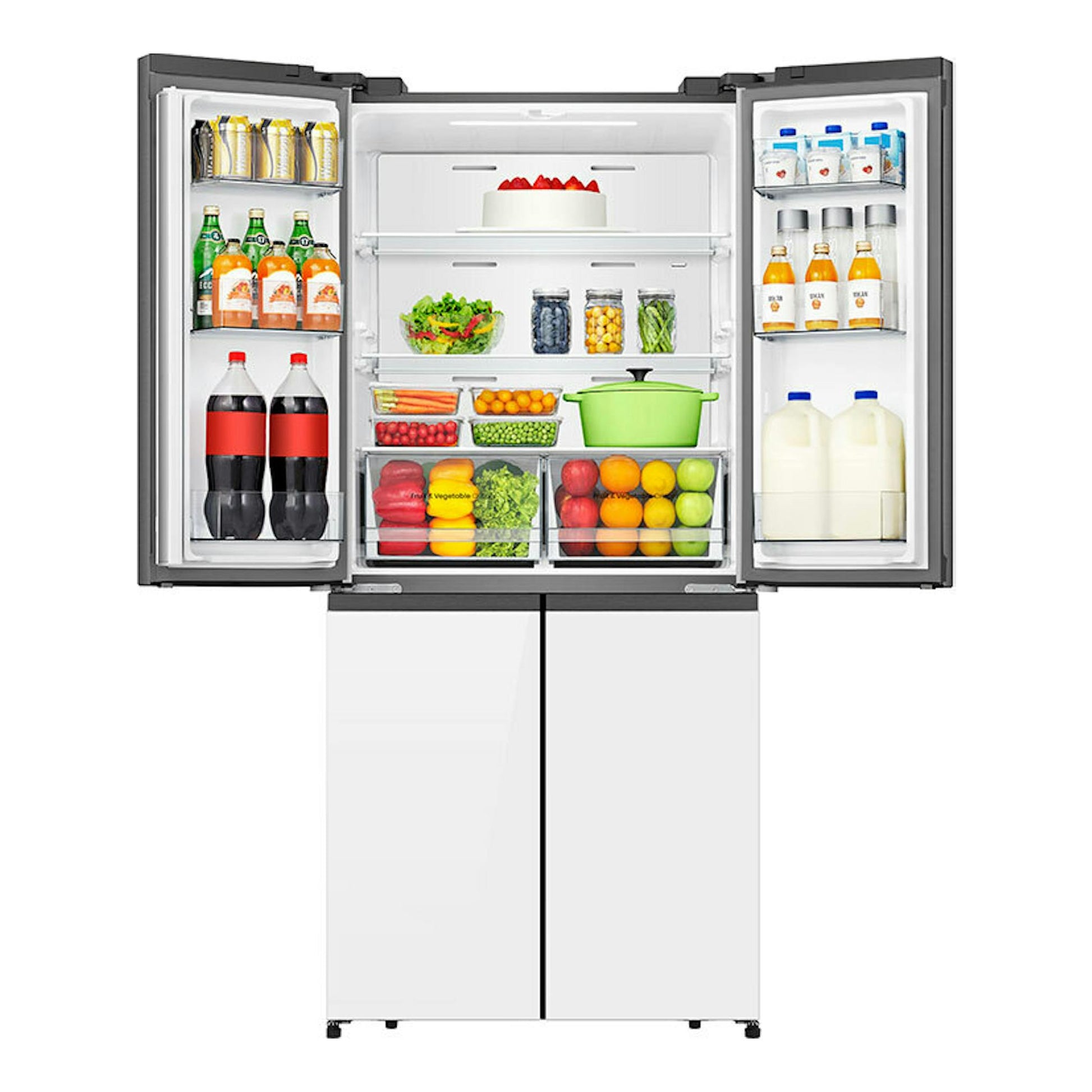 Frigorífico americano Hisense RQ5P470SETE blanco, vista frontal con puertas abiertas y compartimentos visibles.