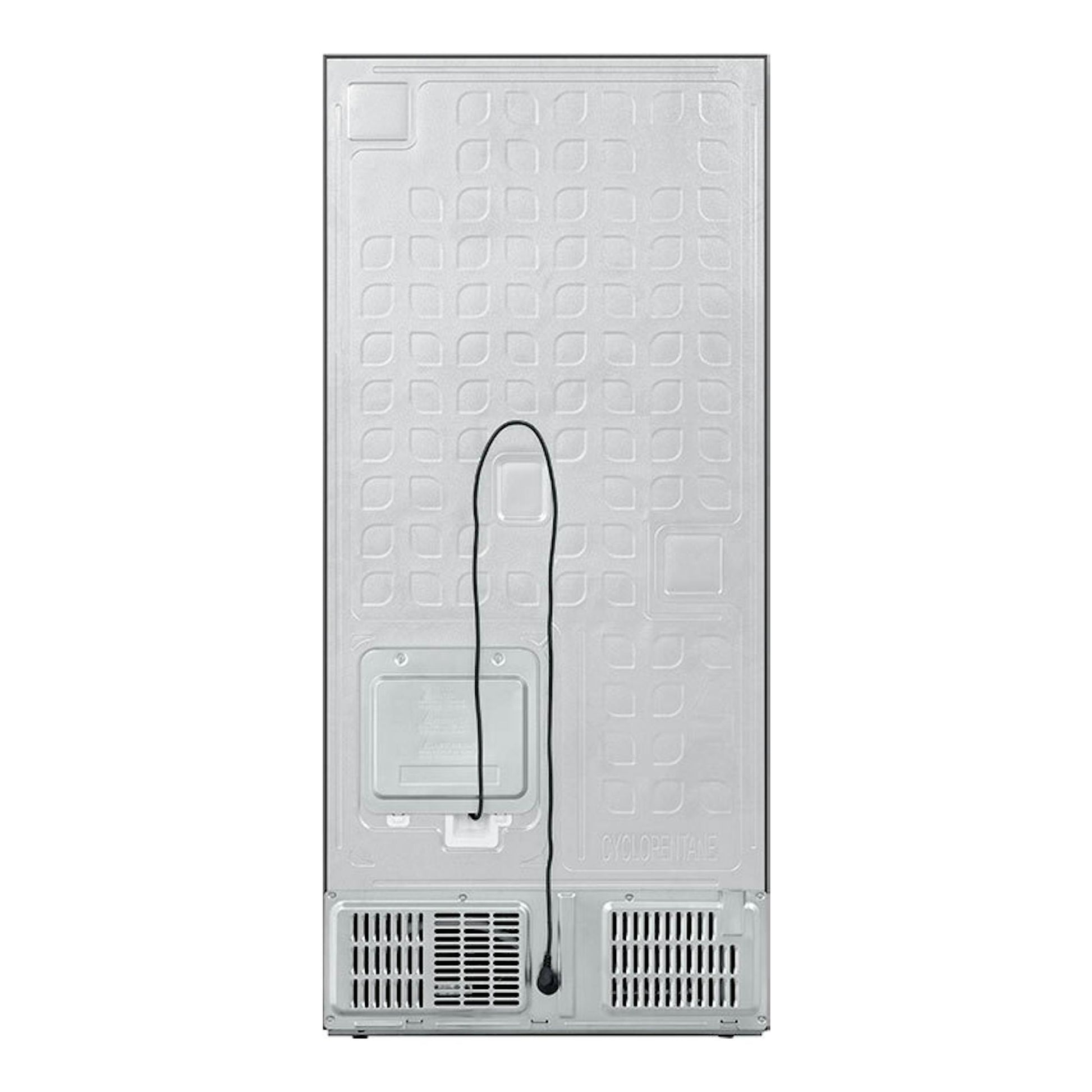 Frigorífico americano Hisense RQ5P470SETE, vista trasera en metal plateado con rejillas inferiores.