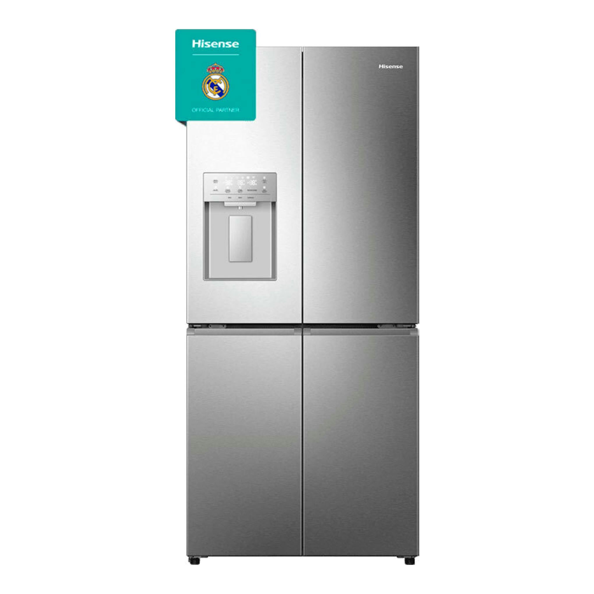 Frigorífico americano Hisense RQ5P470SYID inox, vista frontal, cuatro puertas con dispensador de agua.
