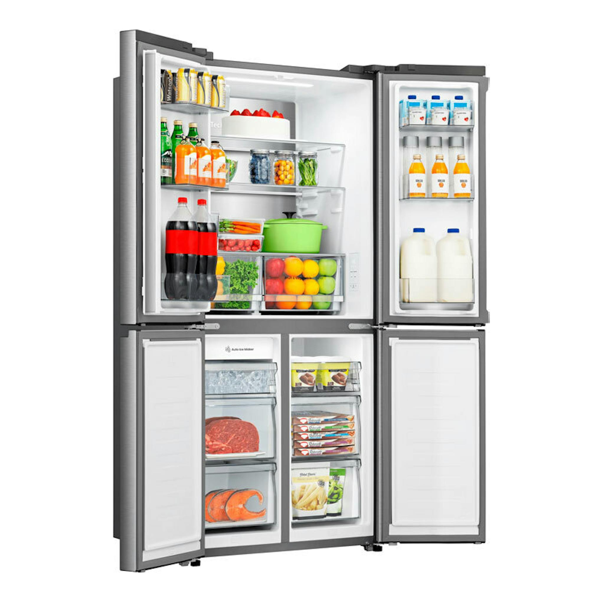 Frigorífico americano Hisense RQ5P470SYID inox, puertas abiertas, vista frontal del interior.