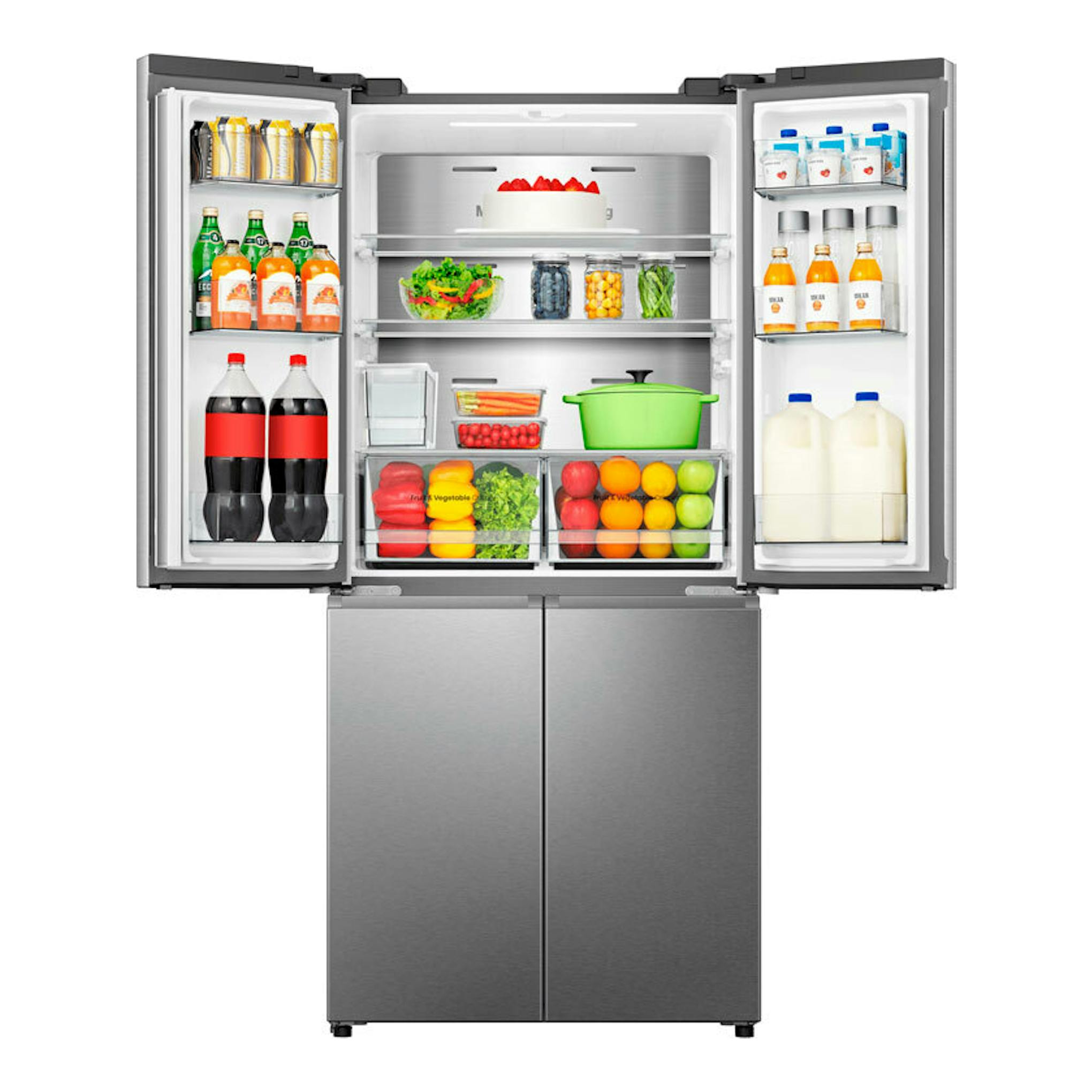 Frigorífico americano Hisense RQ5P470SYID inox, vista frontal con puertas abiertas y alimentos dentro.