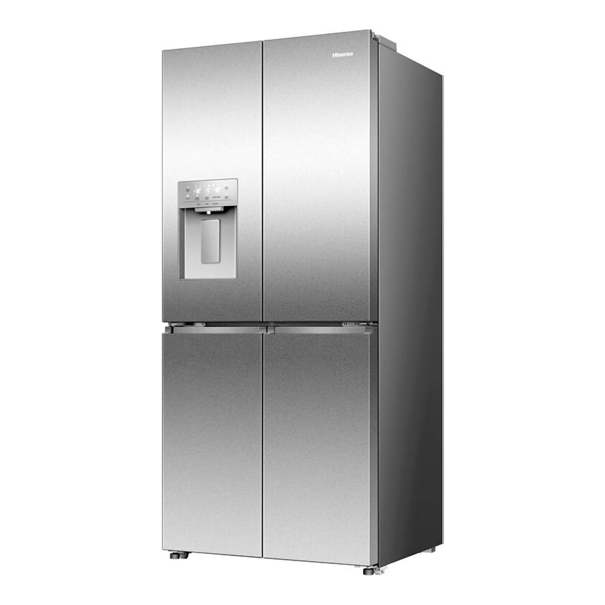 Frigorífico americano Hisense RQ5P470SYID inox, vista frontal en ángulo, con dispensador de agua.